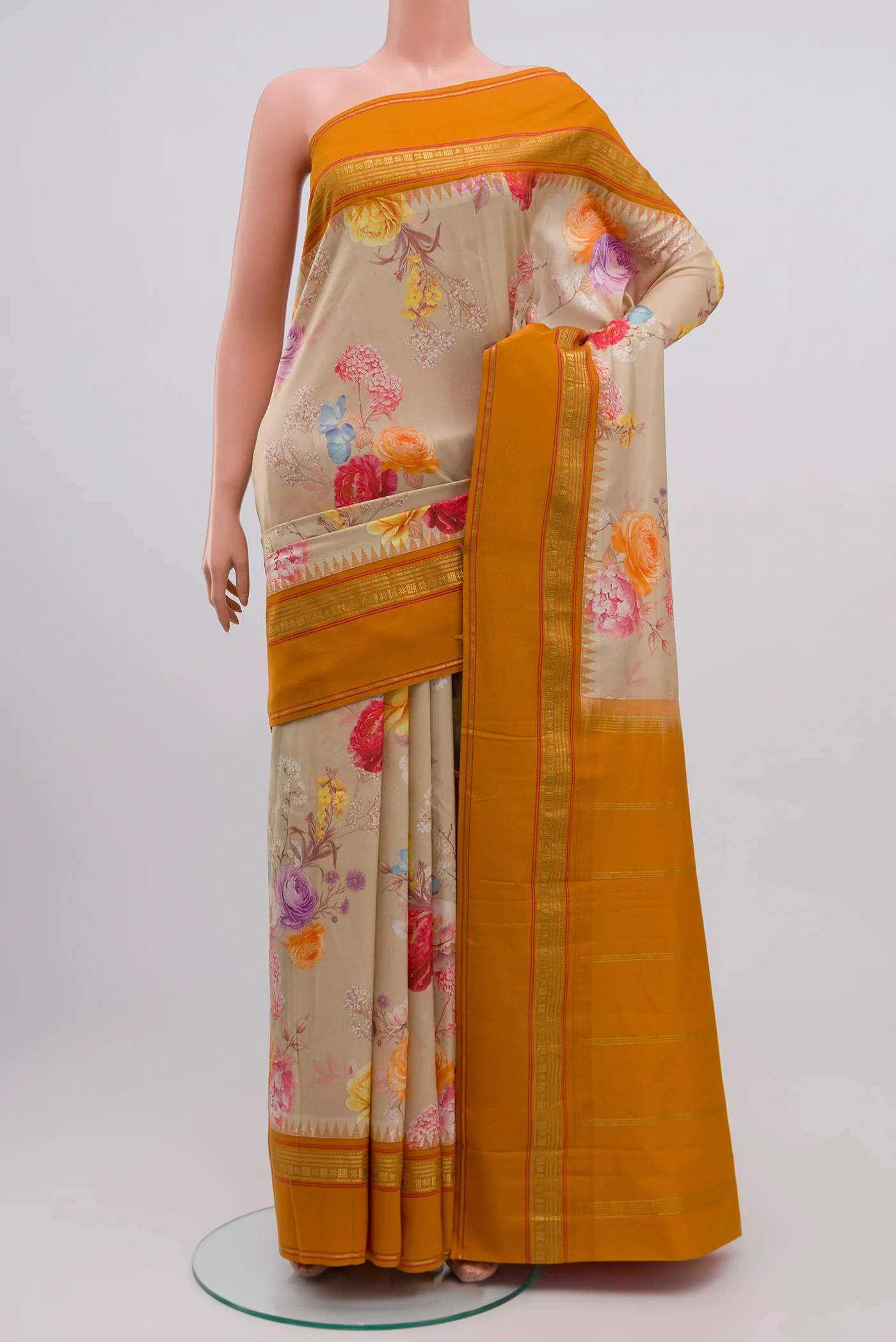 Beige Printed Silk Saree