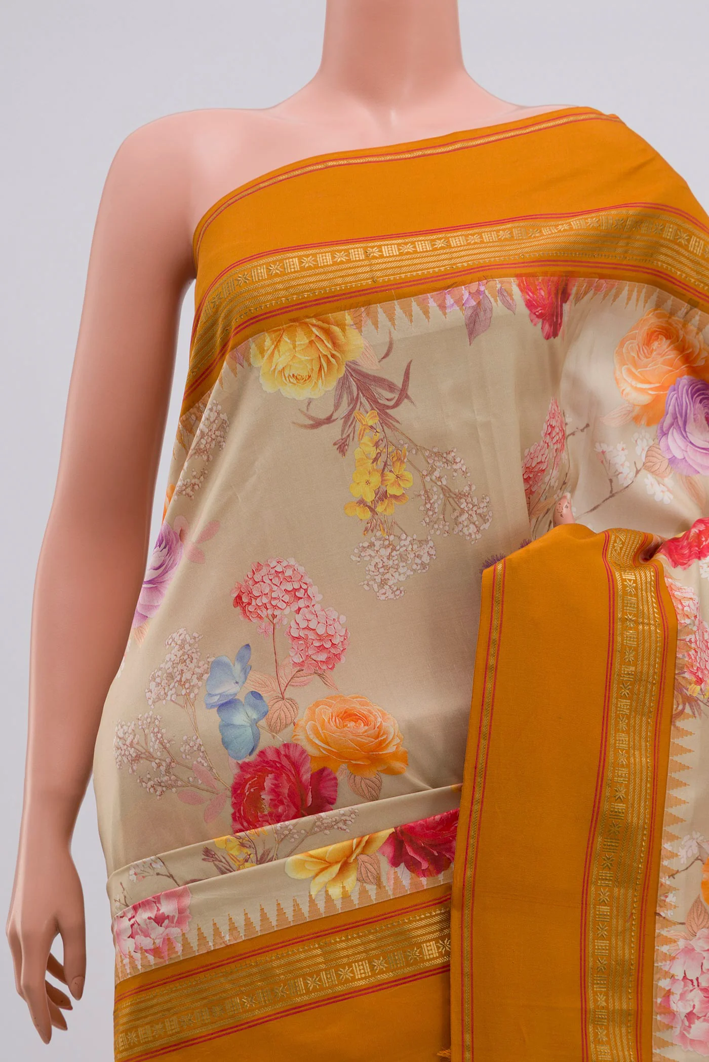 Beige Printed Silk Saree - Image 2