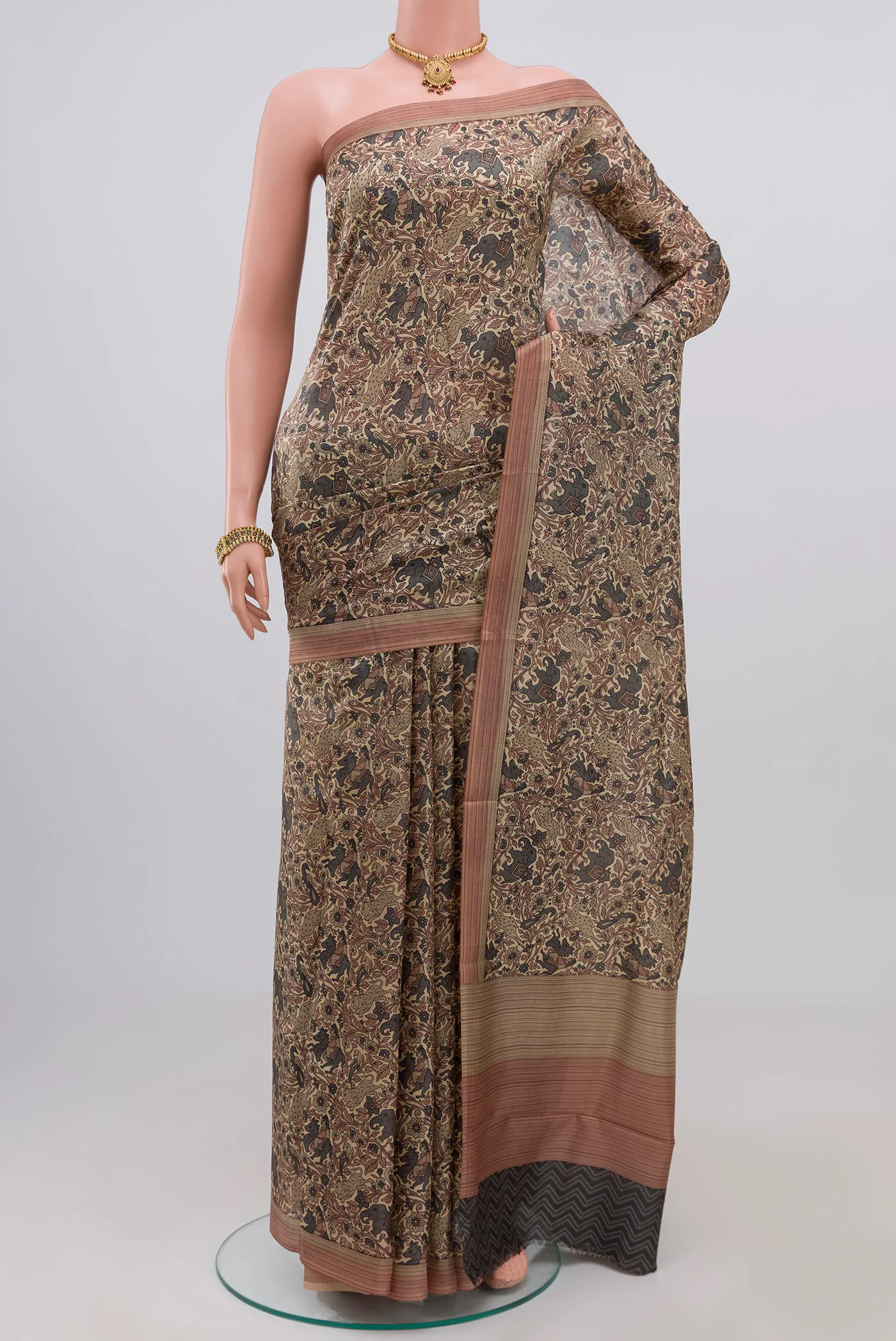 Beige Printed Silk Saree