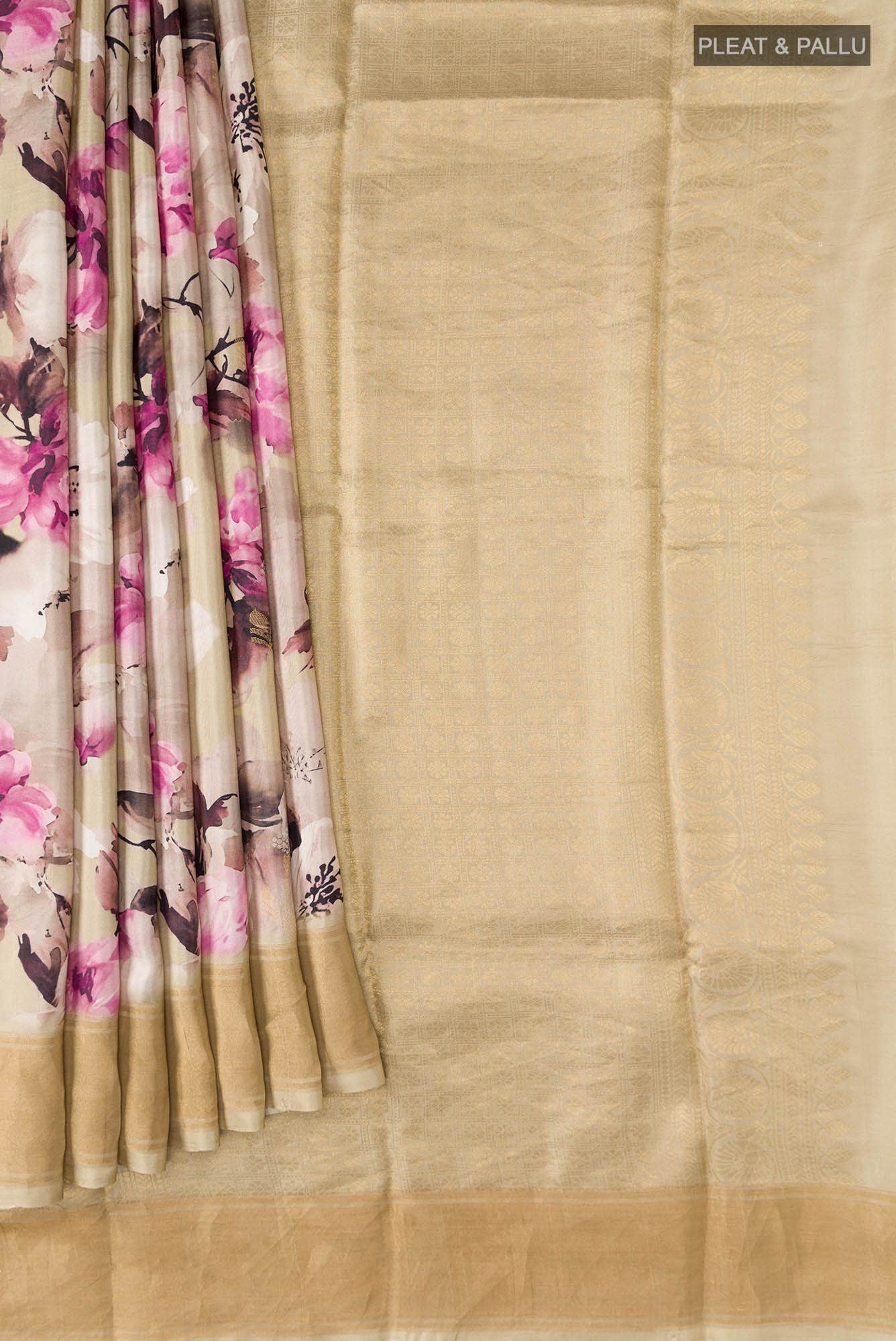 Beige Printed Silk Saree - Image 2