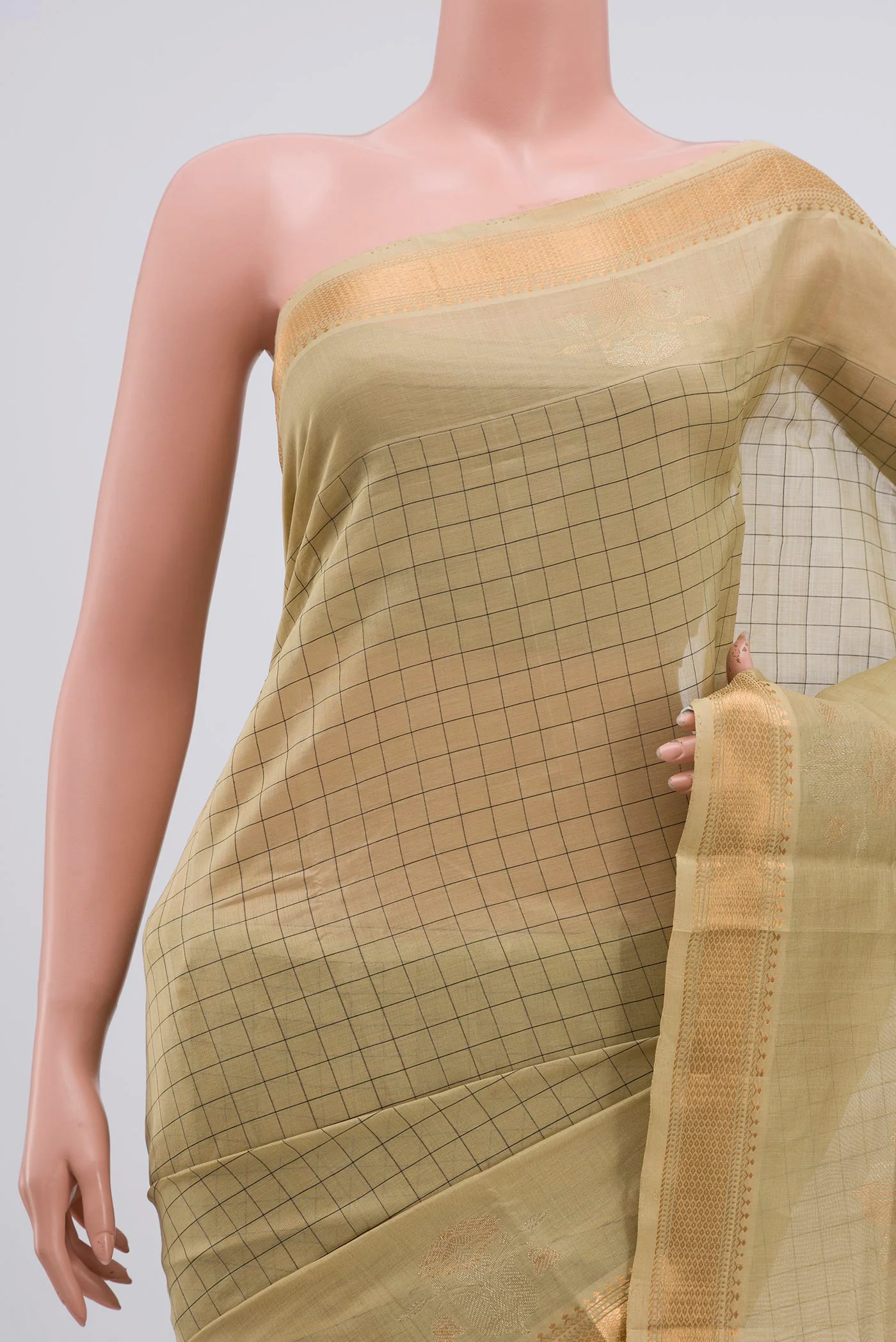 Beige Silk Cotton Saree - Image 2