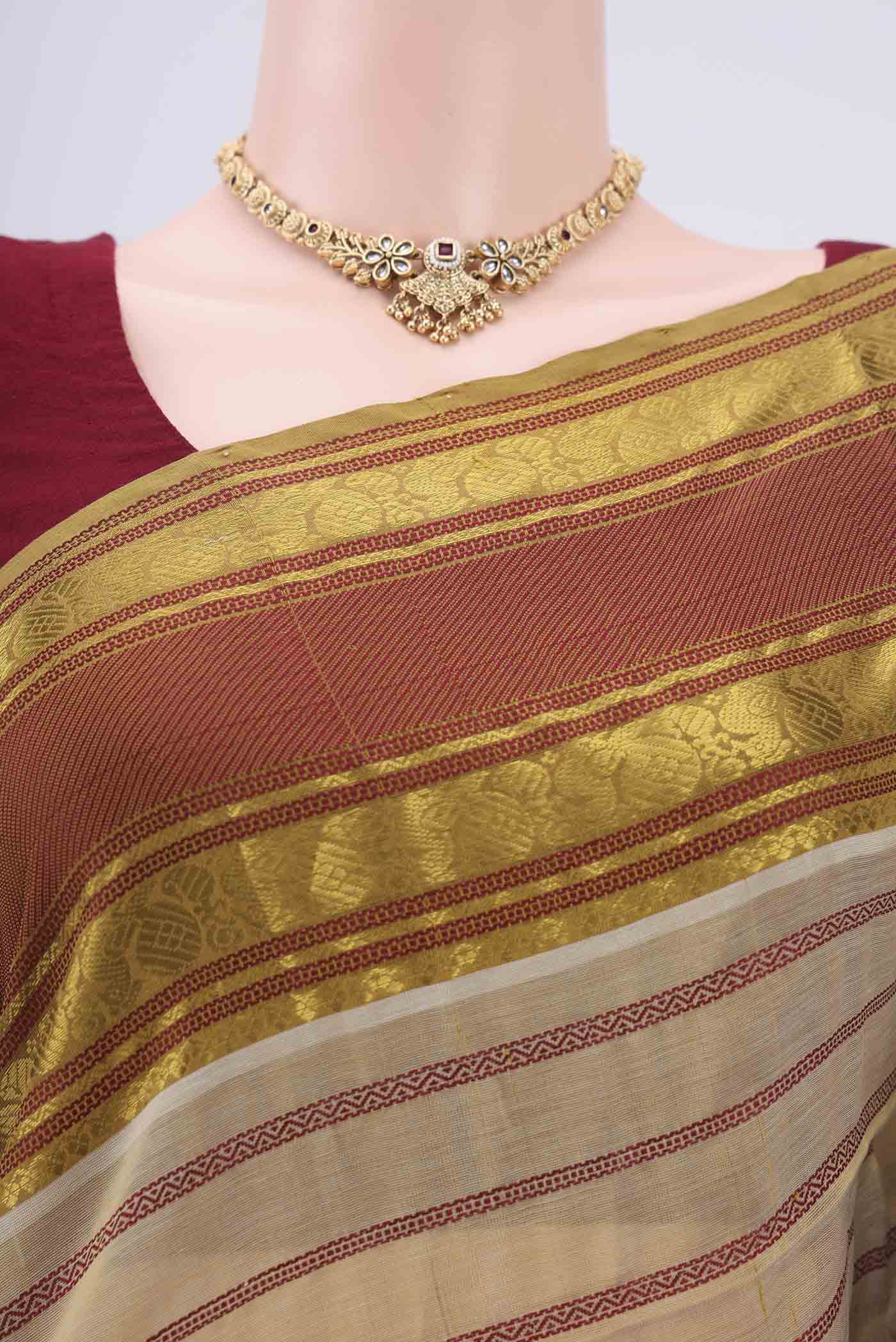 Beige Silk Cotton Saree - Image 2