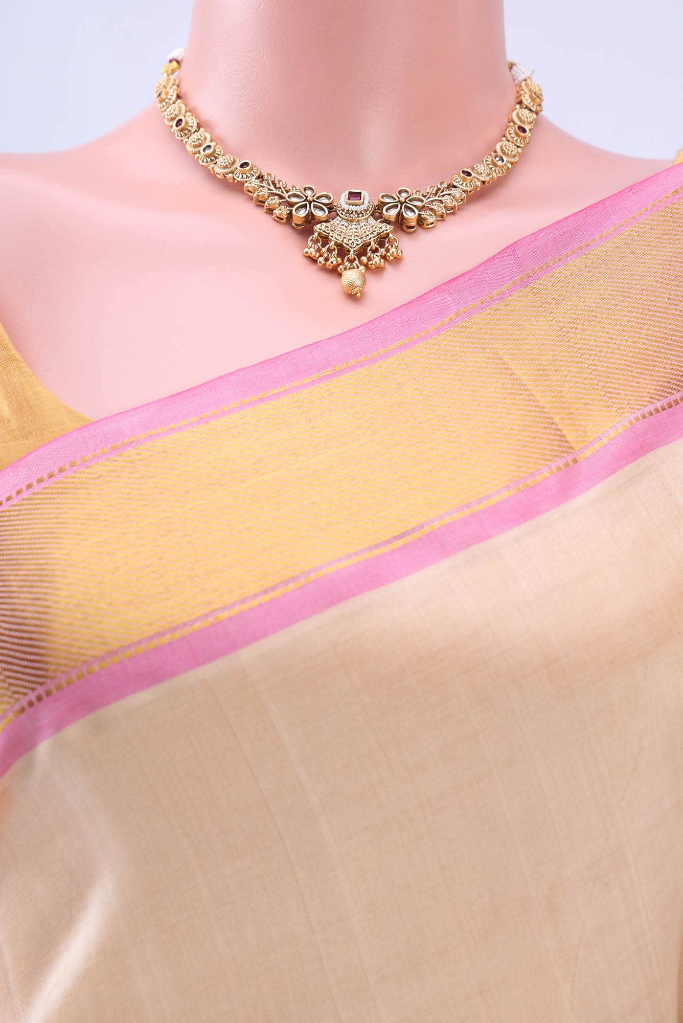 Beige Silk Cotton Saree - Image 2