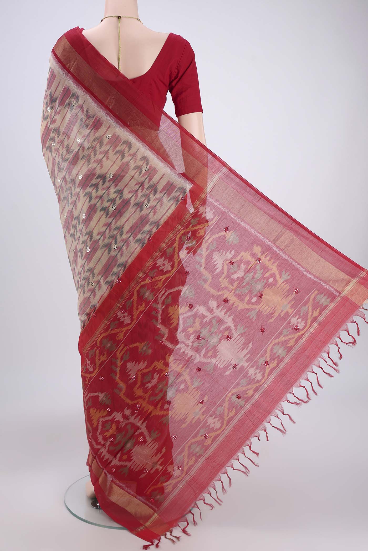 Beige Silk Cotton Saree - Image 3