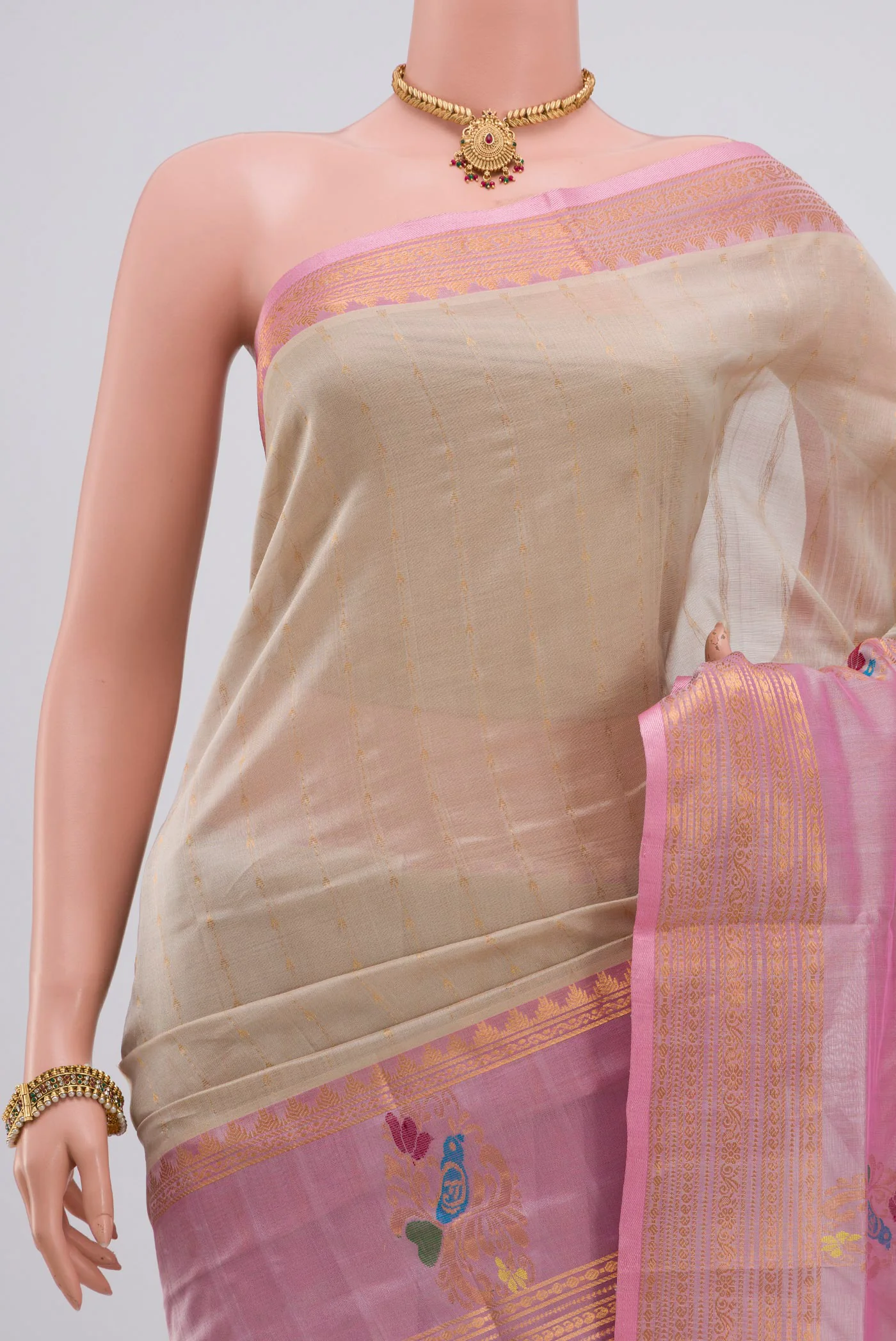 Beige Silk Cotton Saree - Image 2