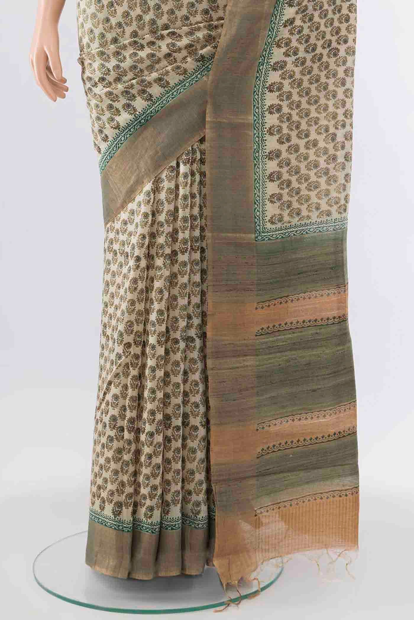 Beige Tussar Silk Saree - Image 3