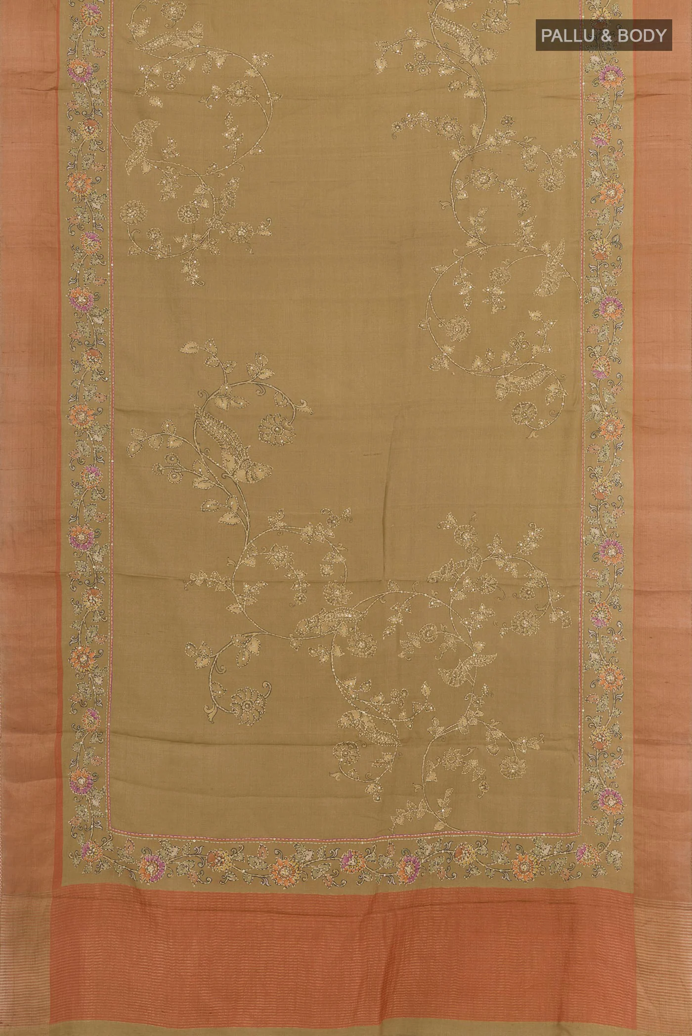 Dark Beige Tussar Silk Saree - Image 3