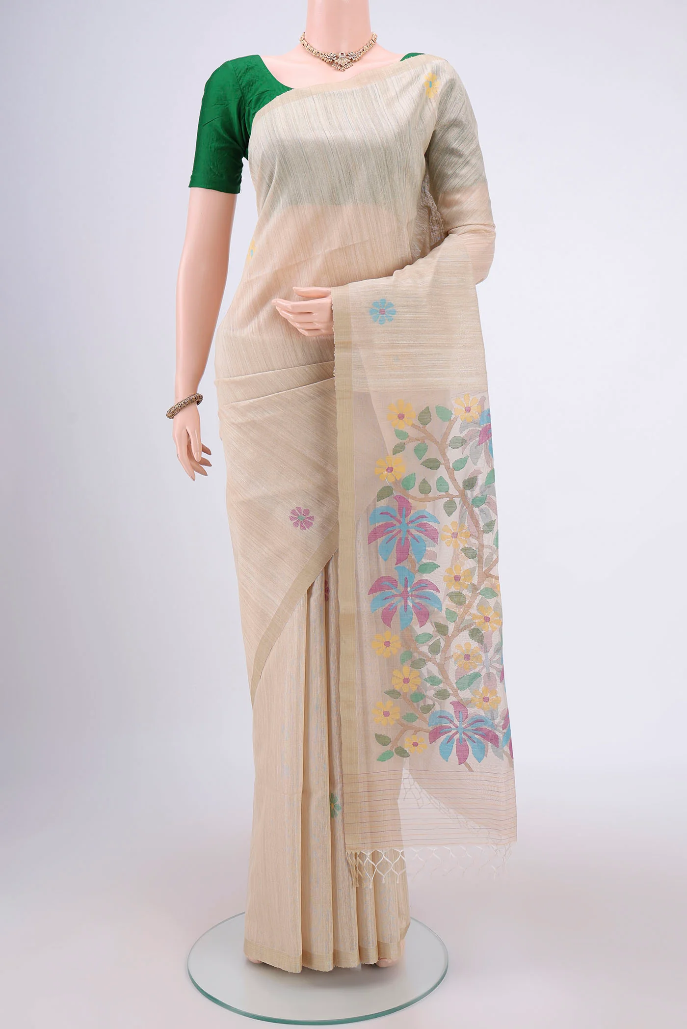 Cream Jute Silk Saree