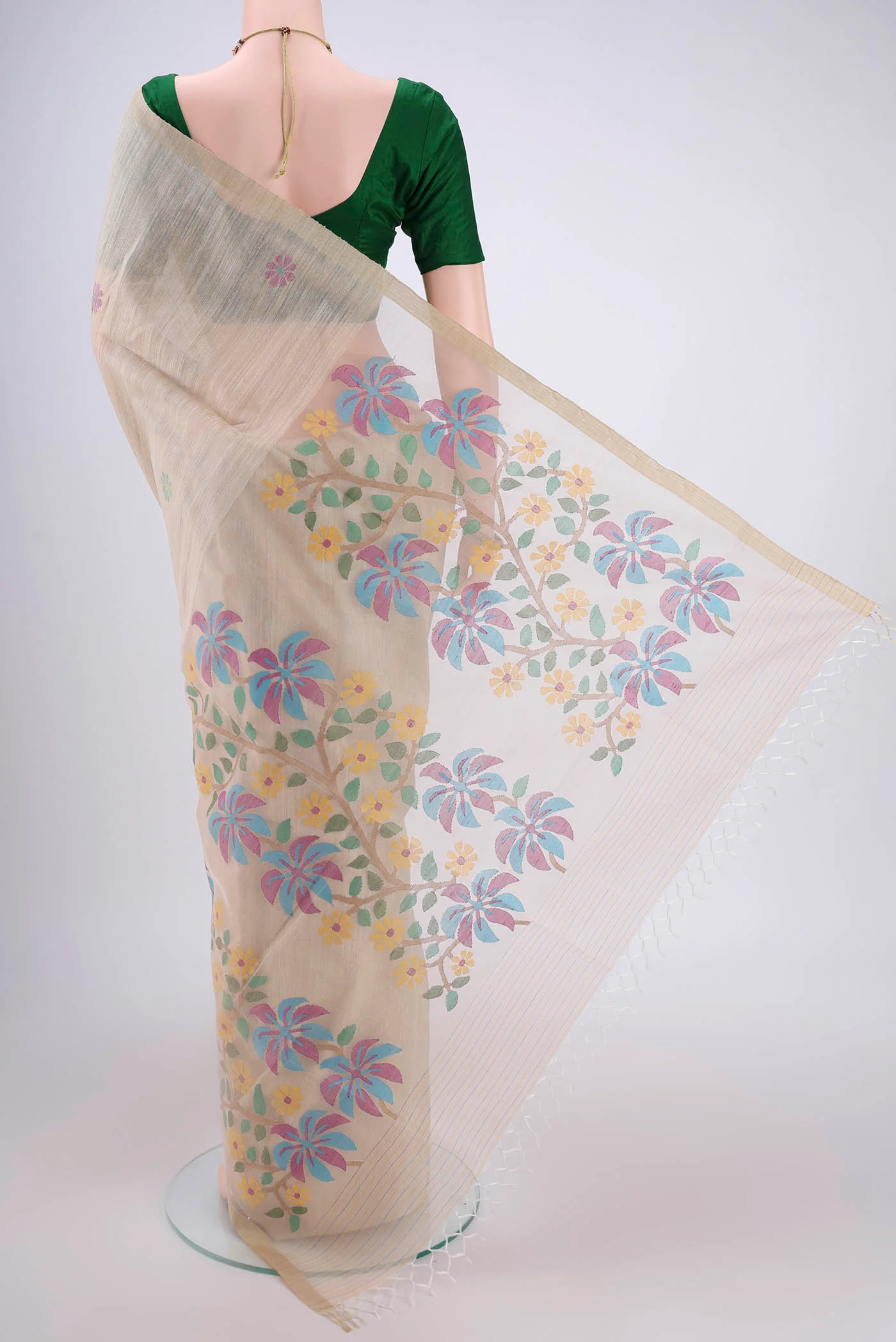 Cream Jute Silk Saree - Image 3