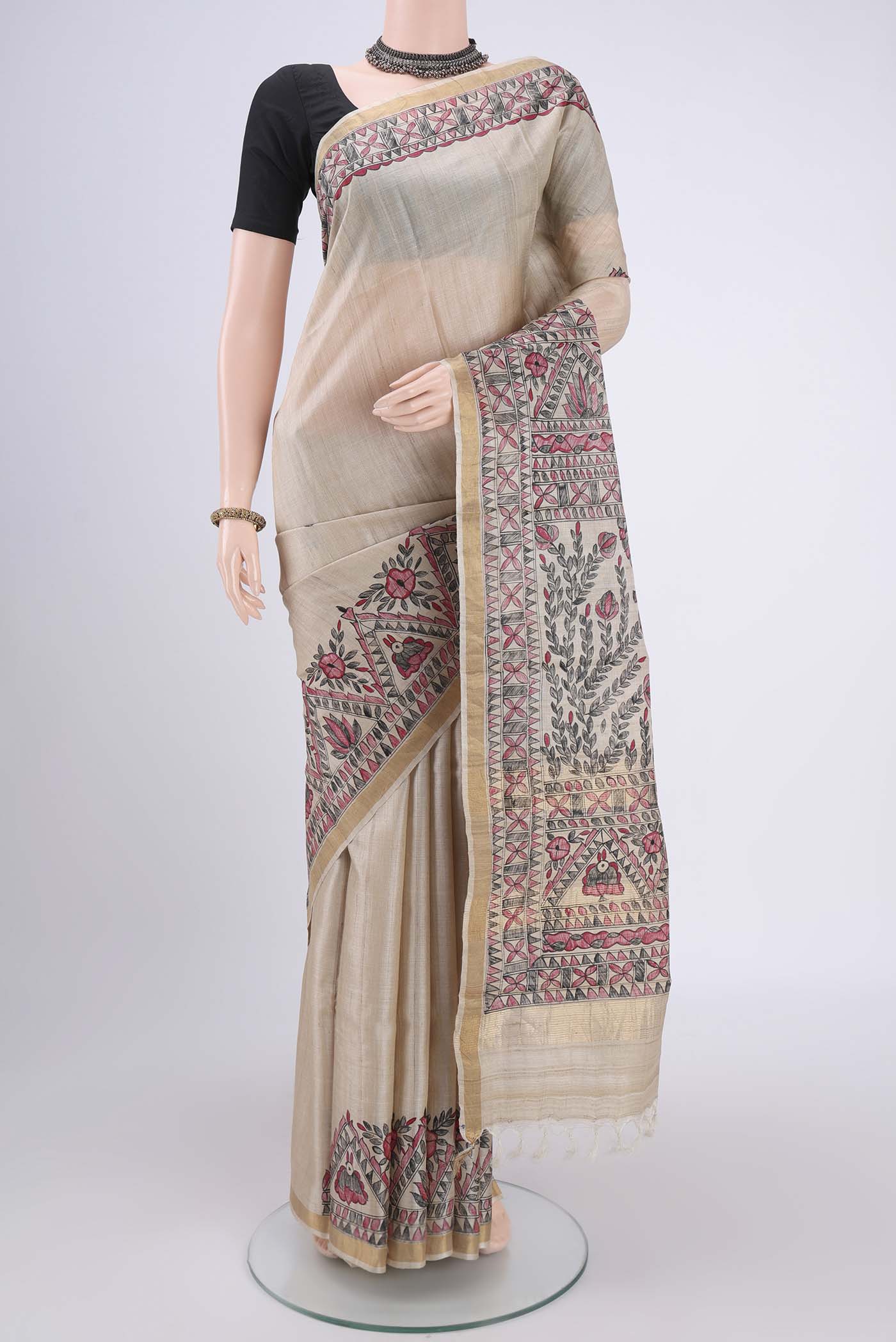 Beige Tussar Silk Saree
