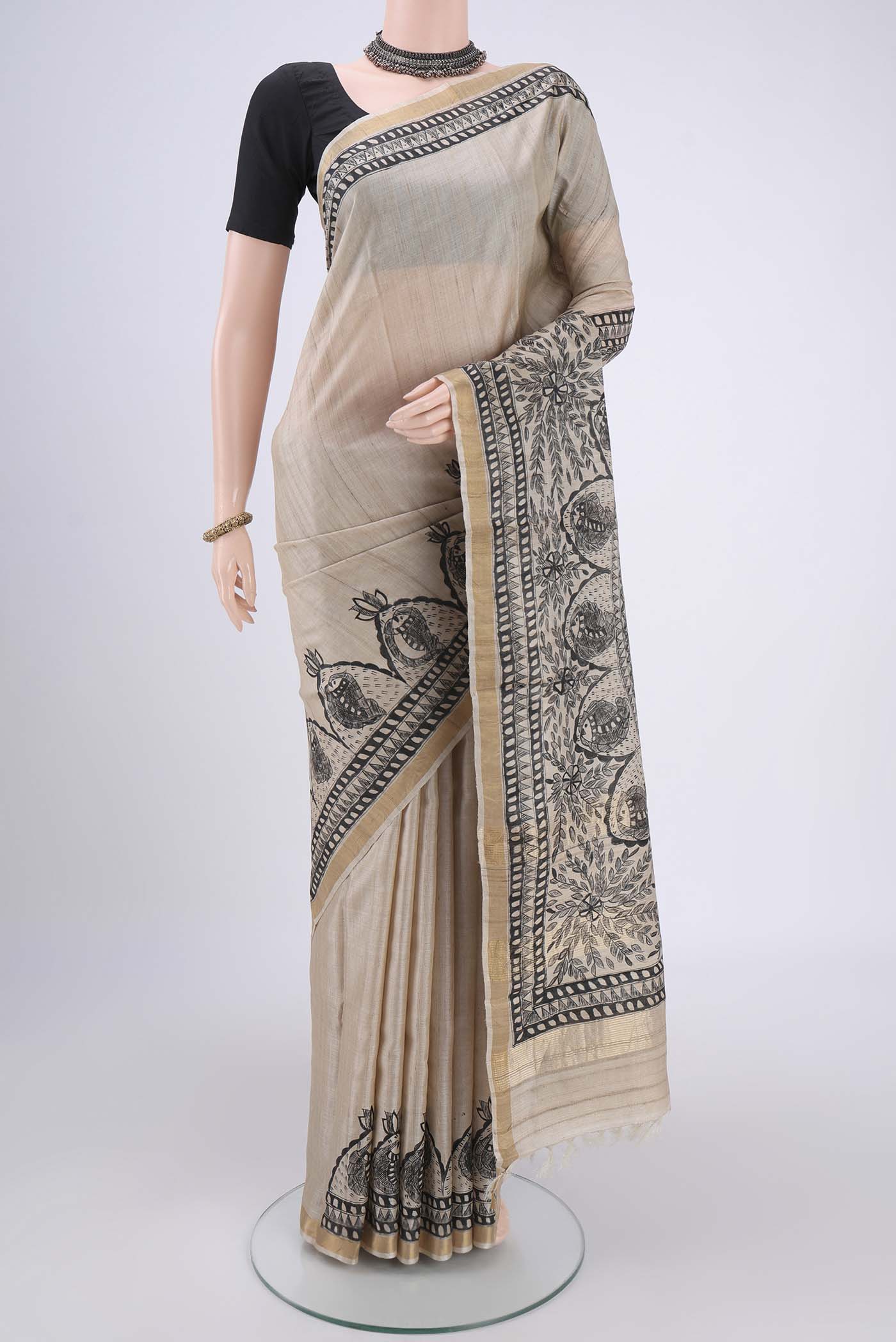 Beige Tussar Silk Saree