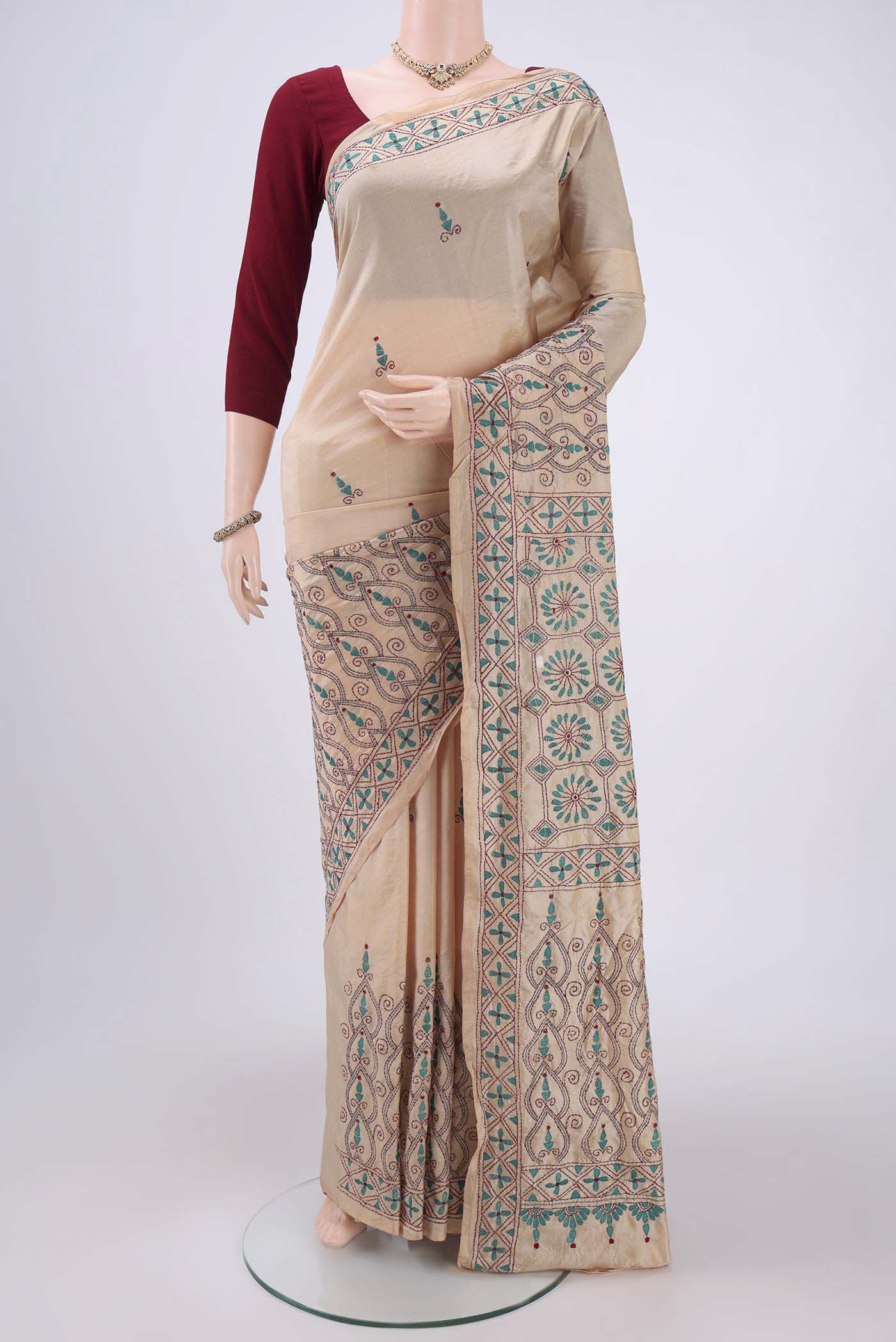 Beige Kantha Silk Saree