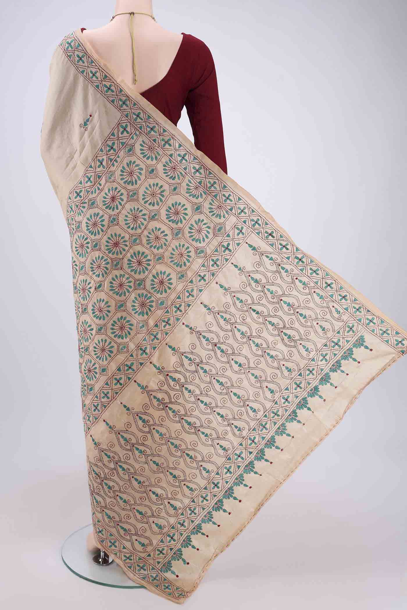 Beige Kantha Silk Saree - Image 3