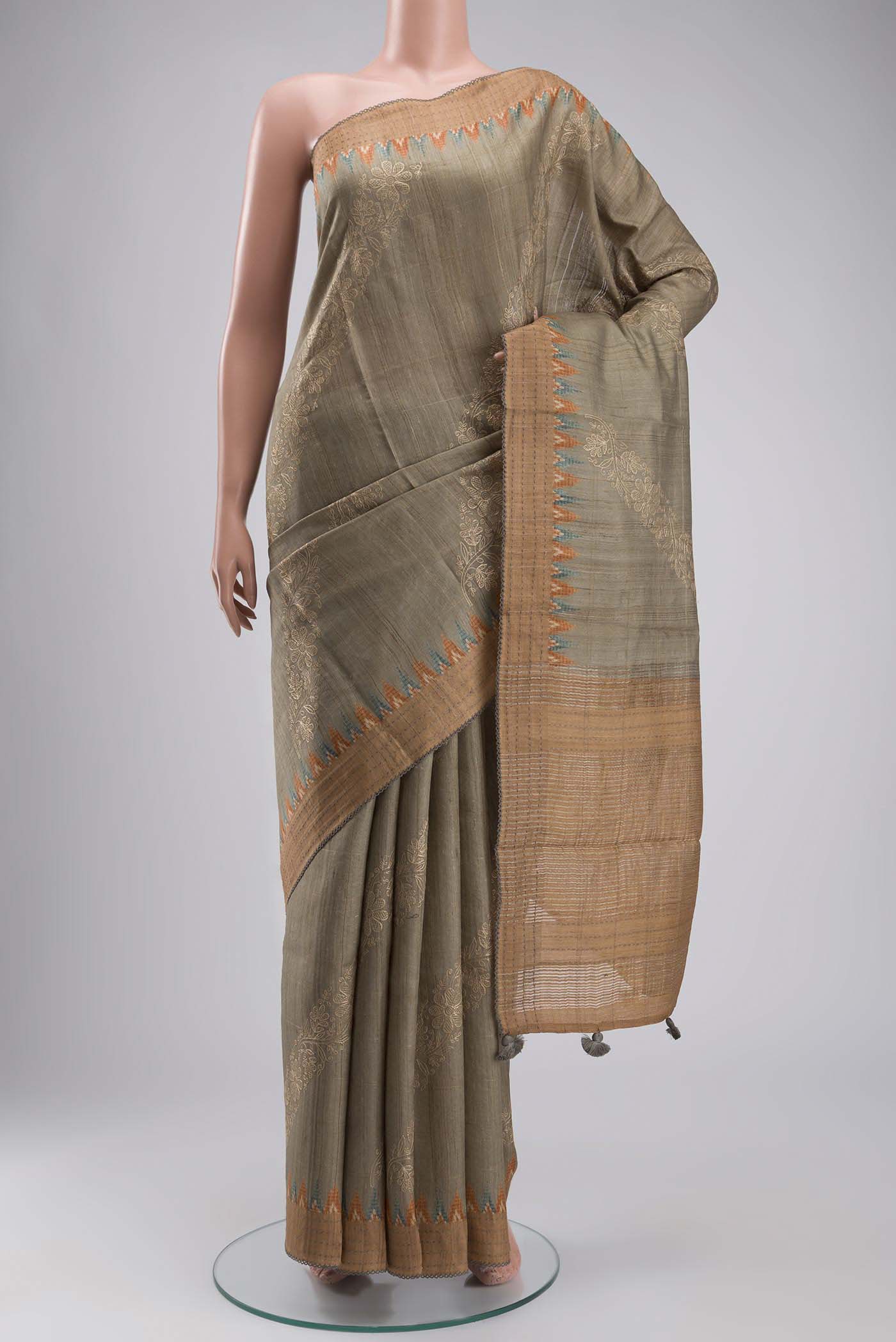 Beige Tussar Silk Saree