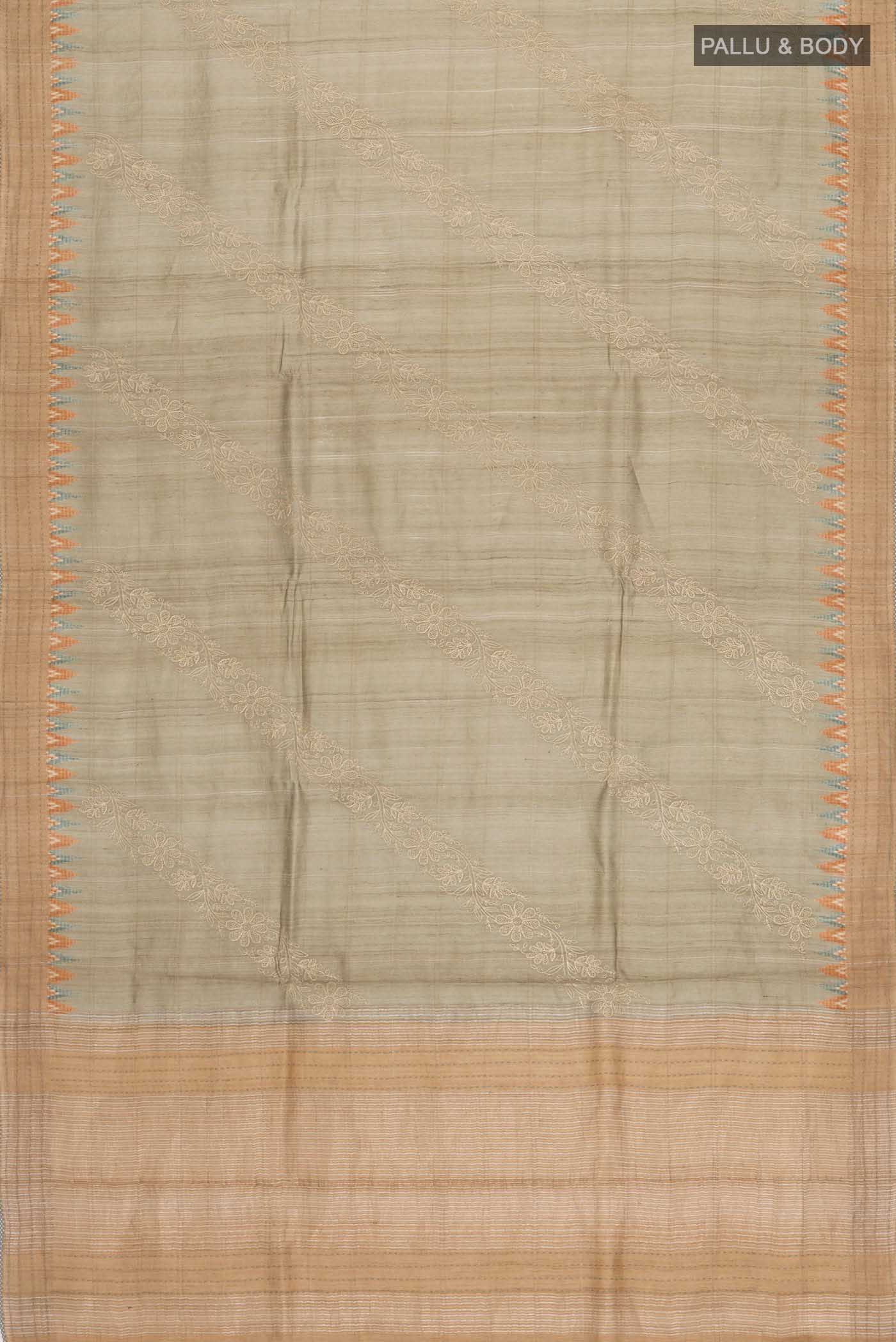 Beige Tussar Silk Saree - Image 5