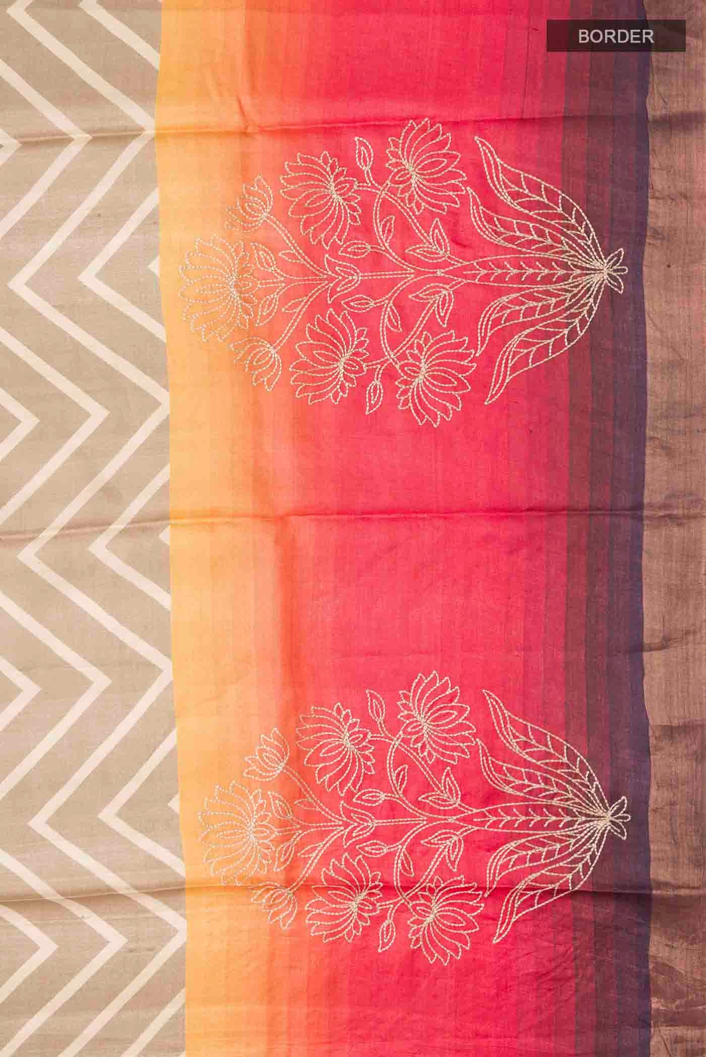 Beige Tussar Silk Saree - Image 3