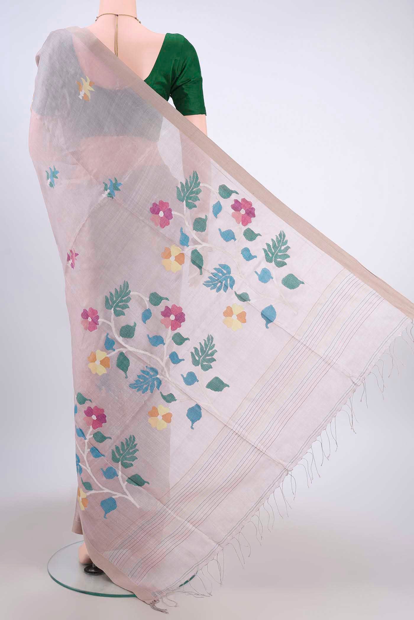 Beige Tussar Silk Saree - Image 3