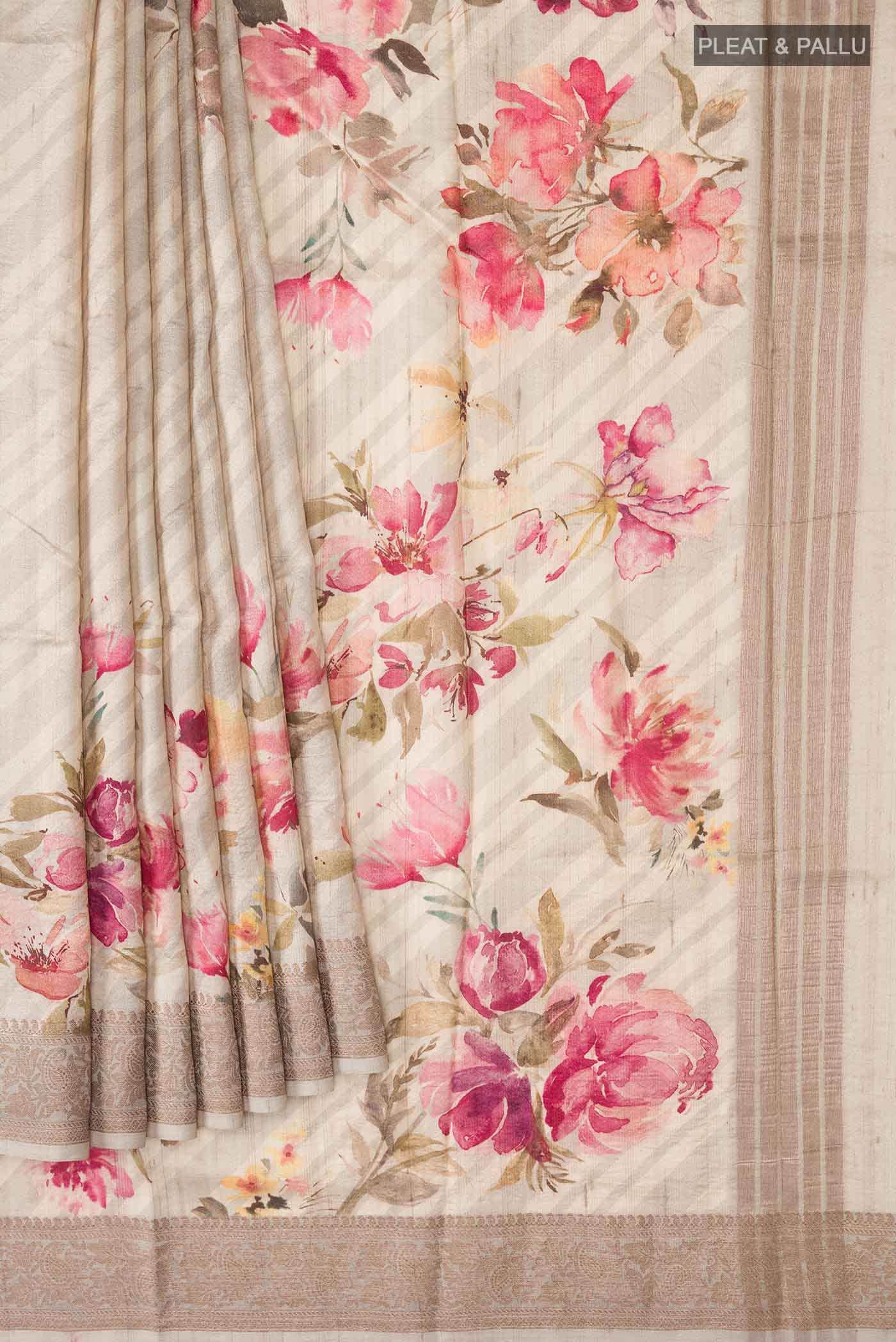 Beige Tussar Silk Saree - Image 2
