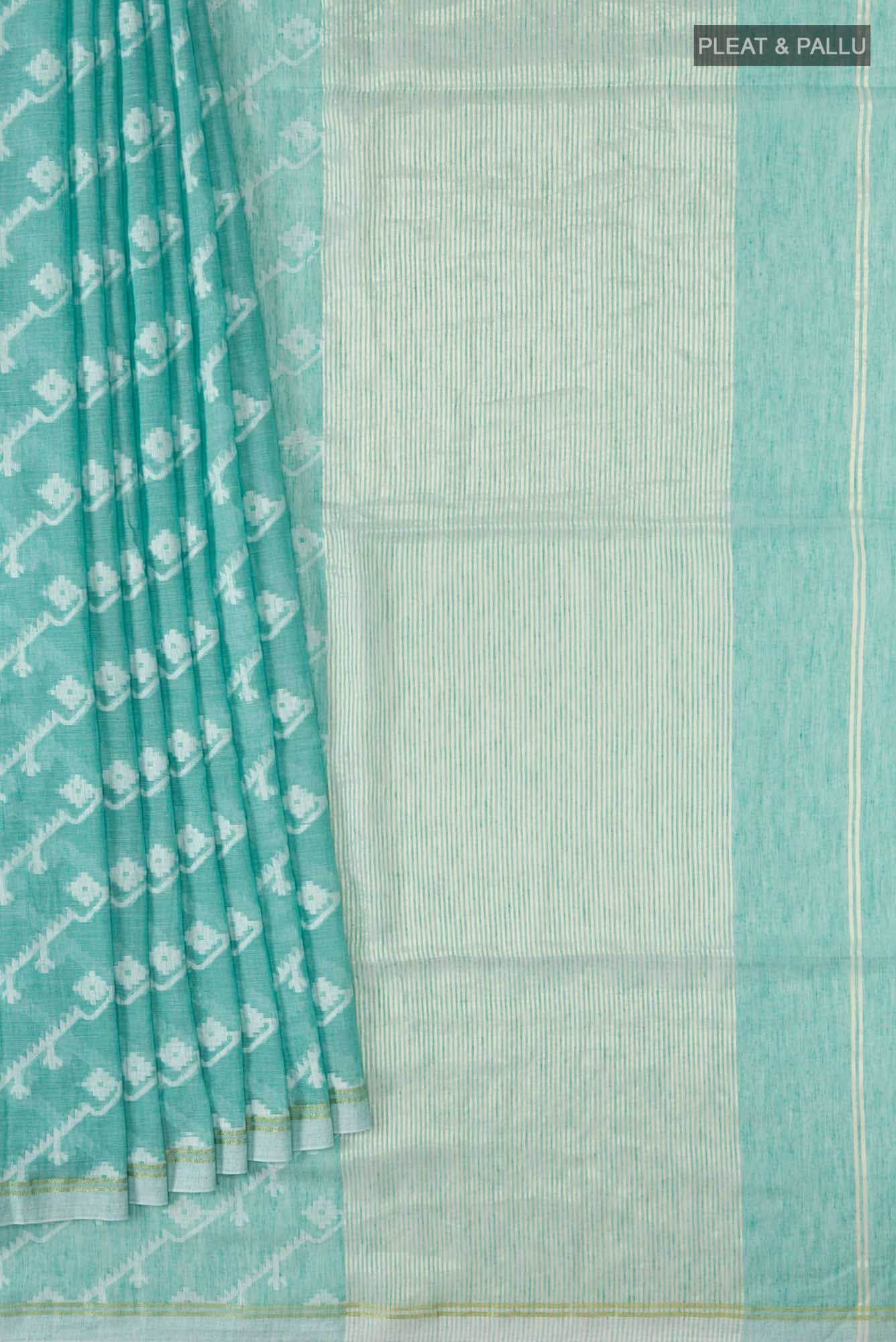 Bimala-Teal Green Bengal Cotton Saree - Image 3