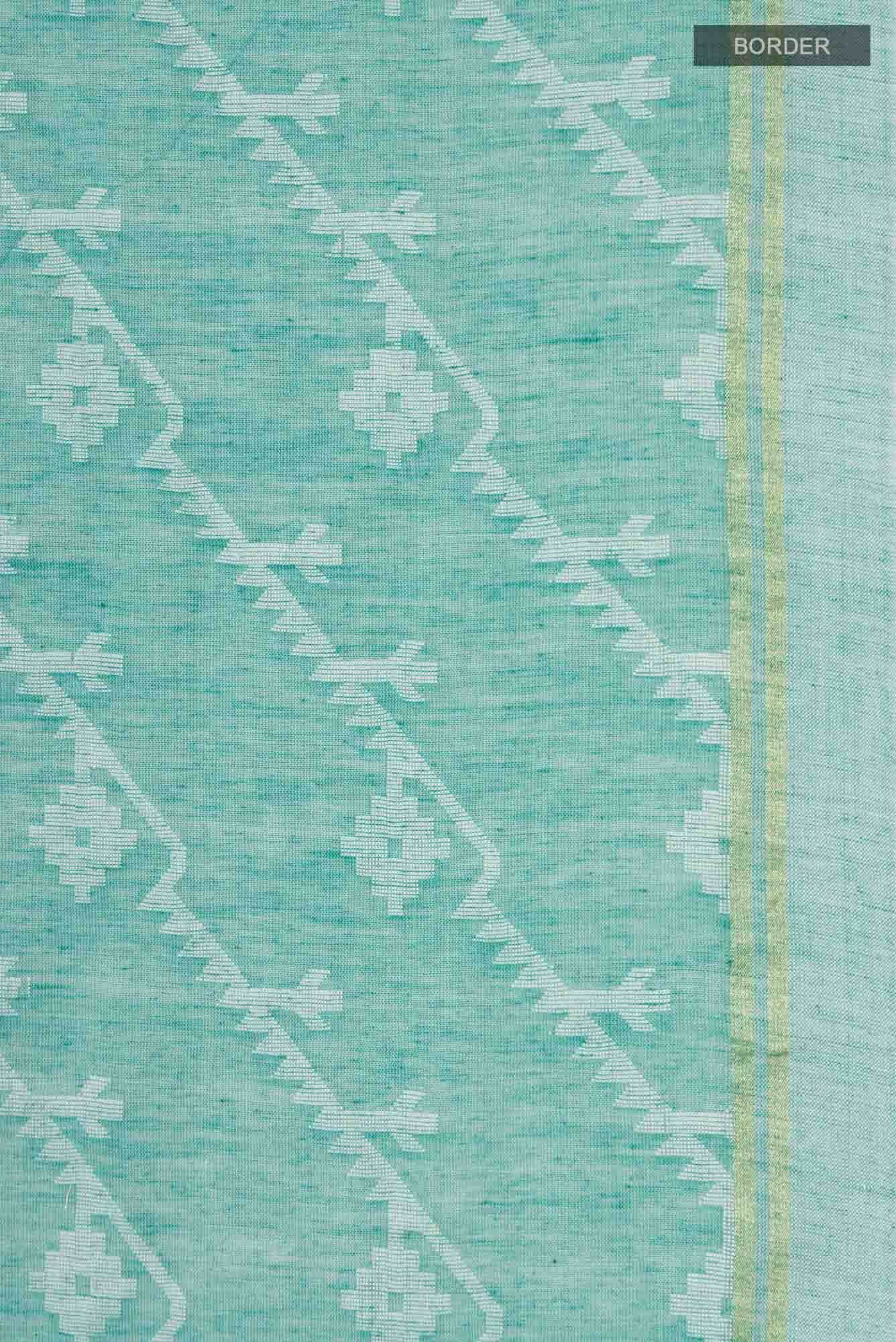 Bimala-Teal Green Bengal Cotton Saree - Image 6
