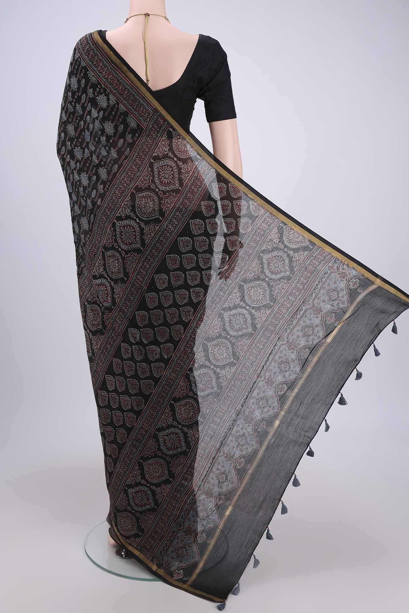 Black Chanderi Silk Cotton Saree - Image 3