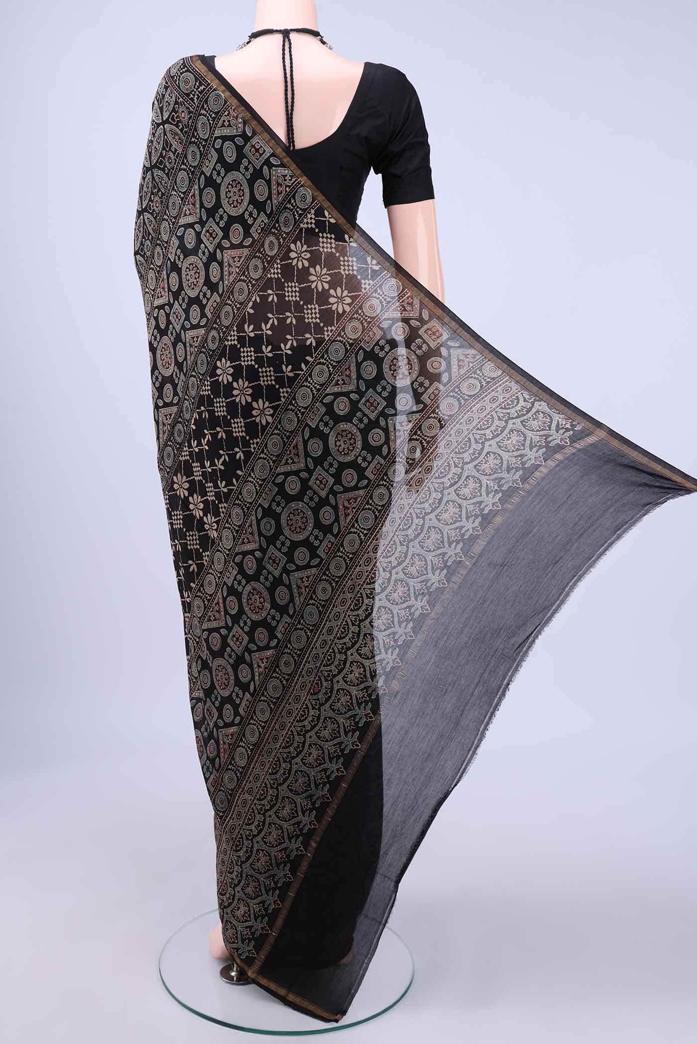 Black Chanderi Silk Cotton Saree - Image 2
