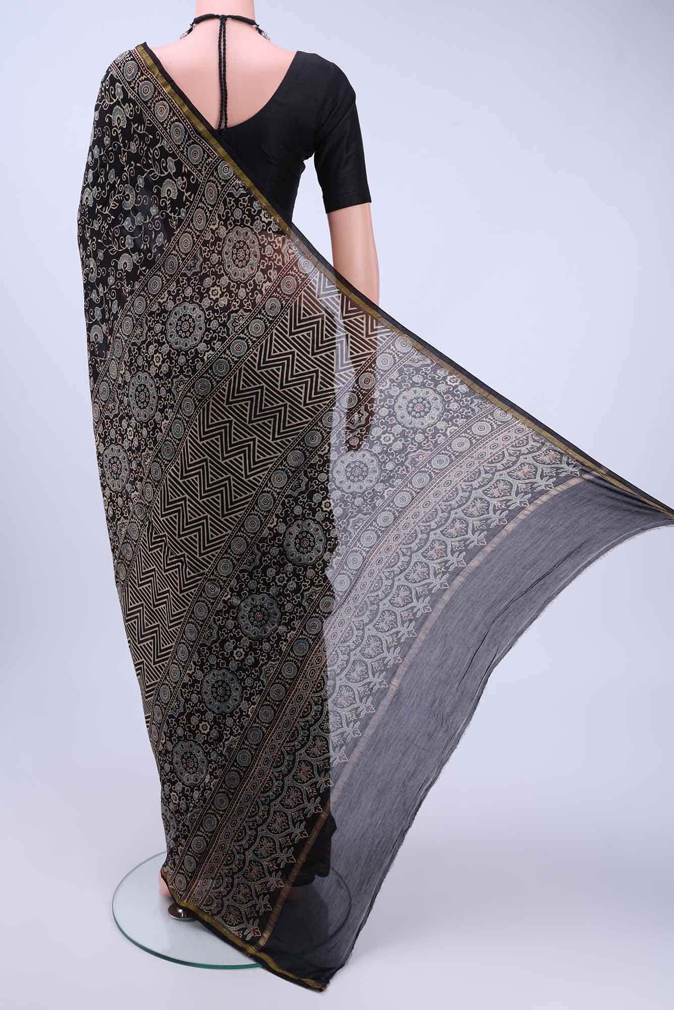 Black Chanderi Silk Cotton Saree - Image 2