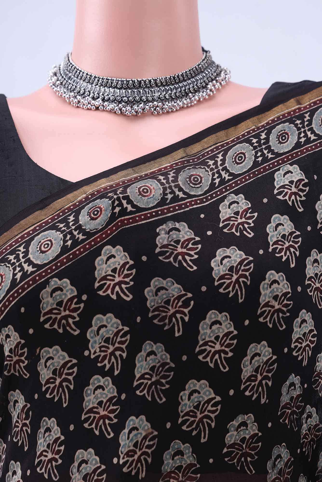Black Chanderi Silk Cotton Saree - Image 3