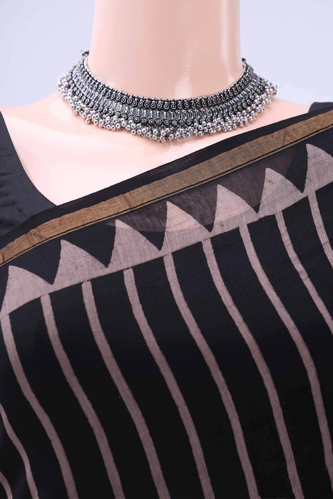 Black Chanderi Silk Cotton Saree - Image 3