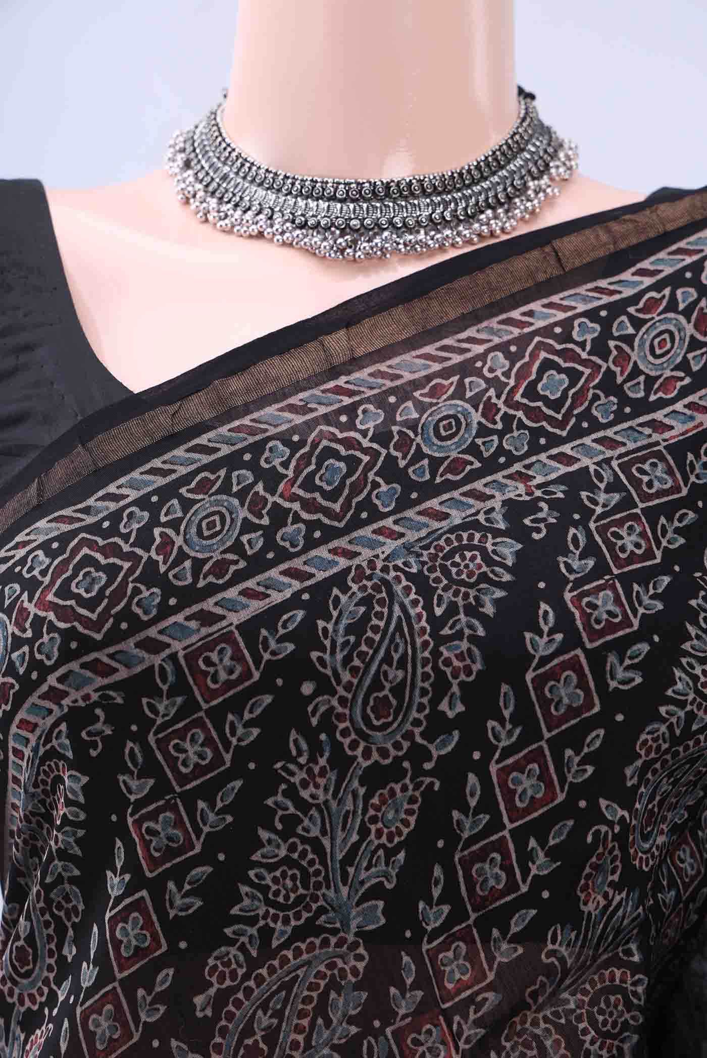 Black Chanderi Silk Cotton Saree - Image 3