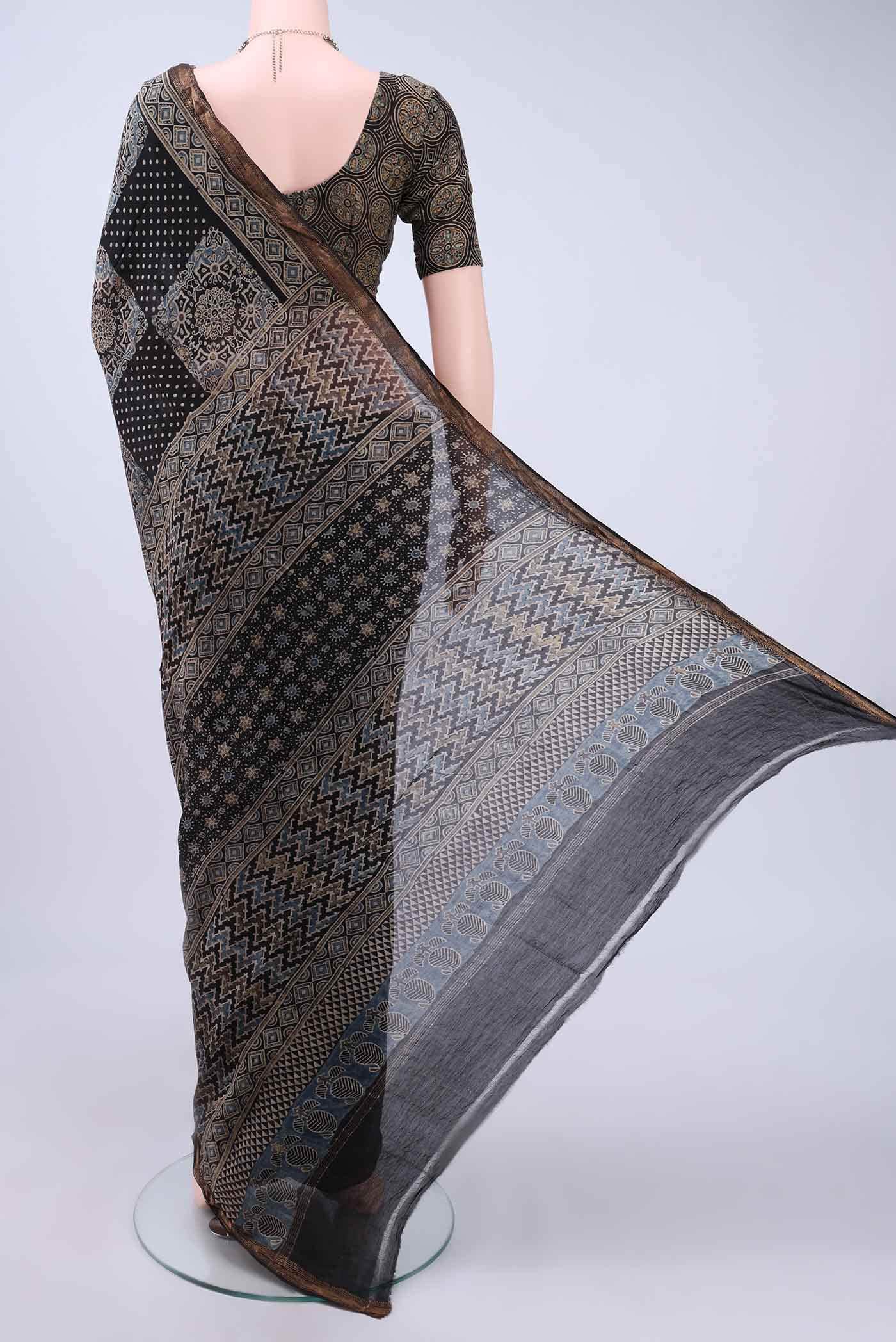 Black Chanderi Silk Cotton Saree - Image 2