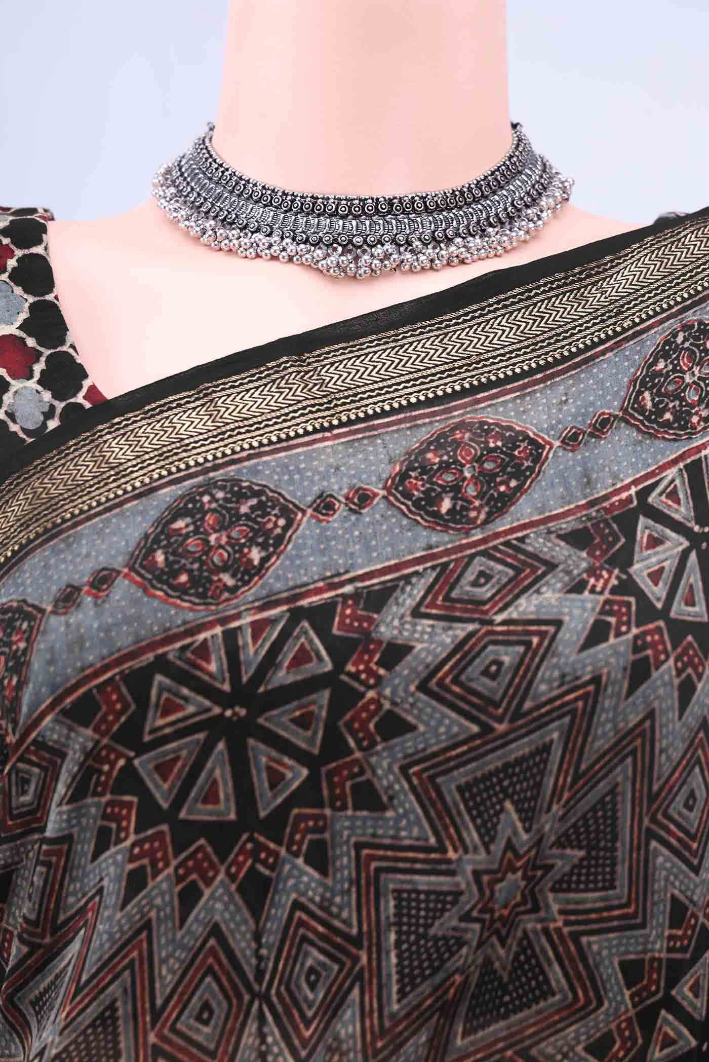 Black Chanderi Silk Cotton Saree - Image 3