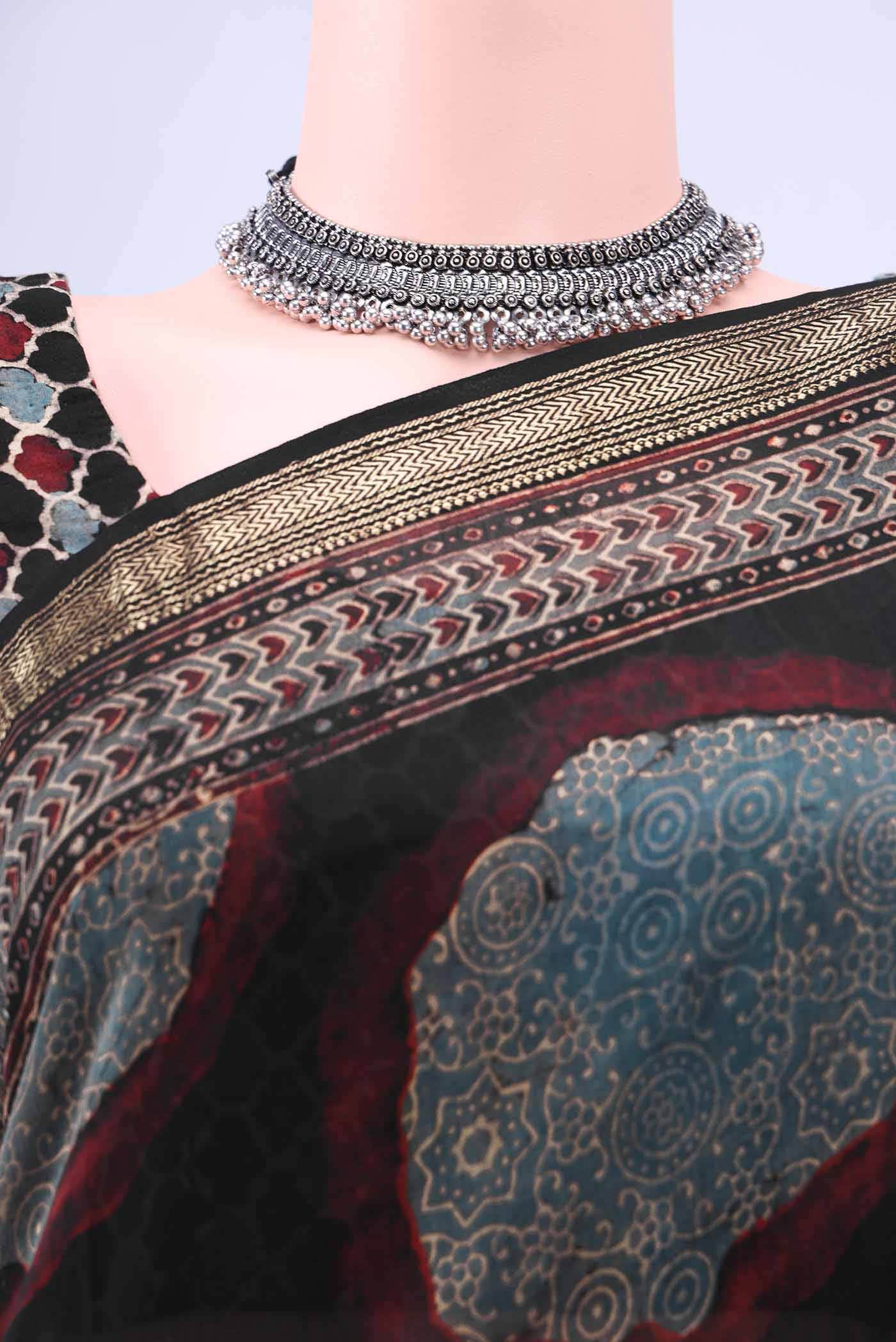 Black Chanderi Silk Cotton Saree - Image 3