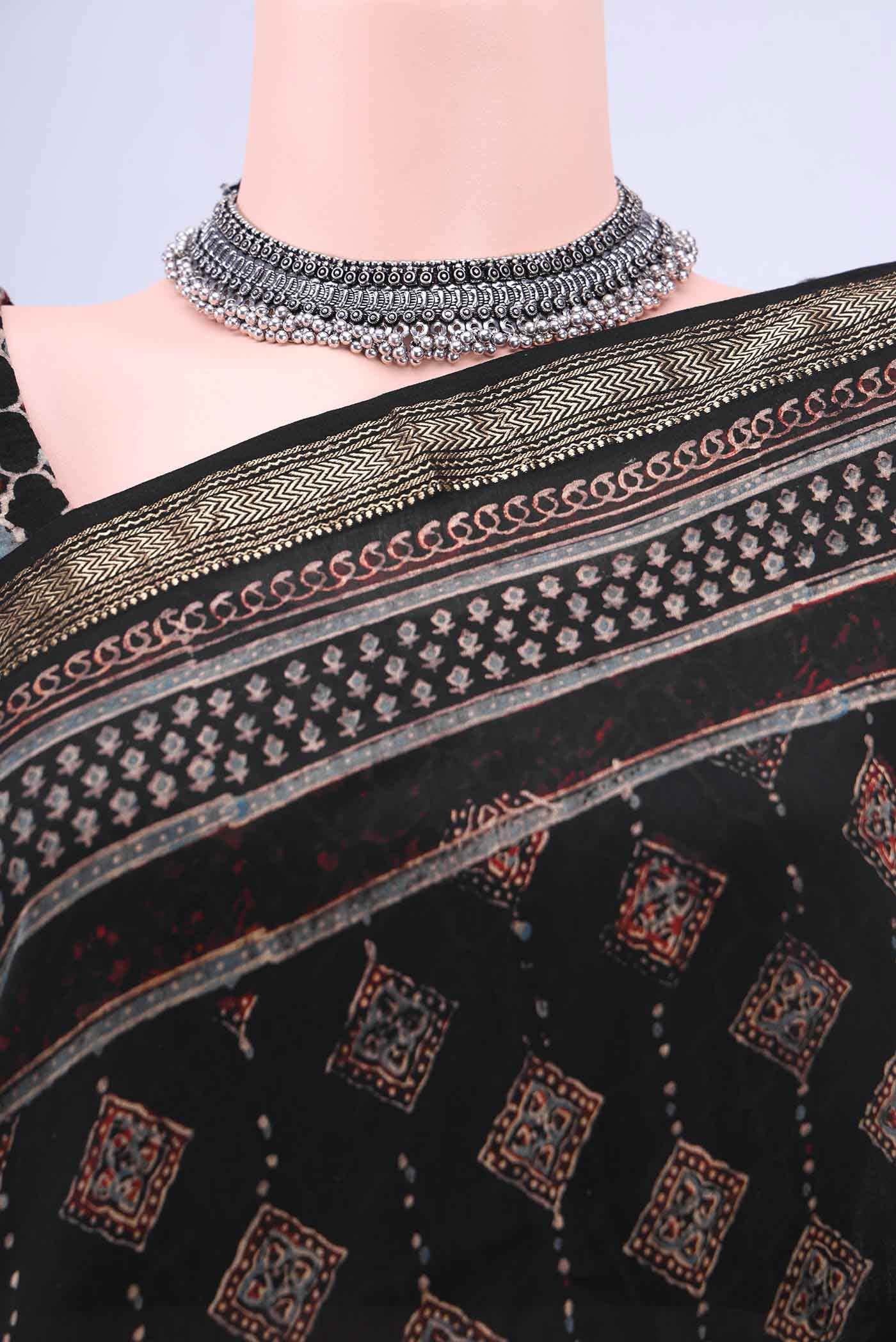 Black Chanderi Silk Cotton Saree - Image 3
