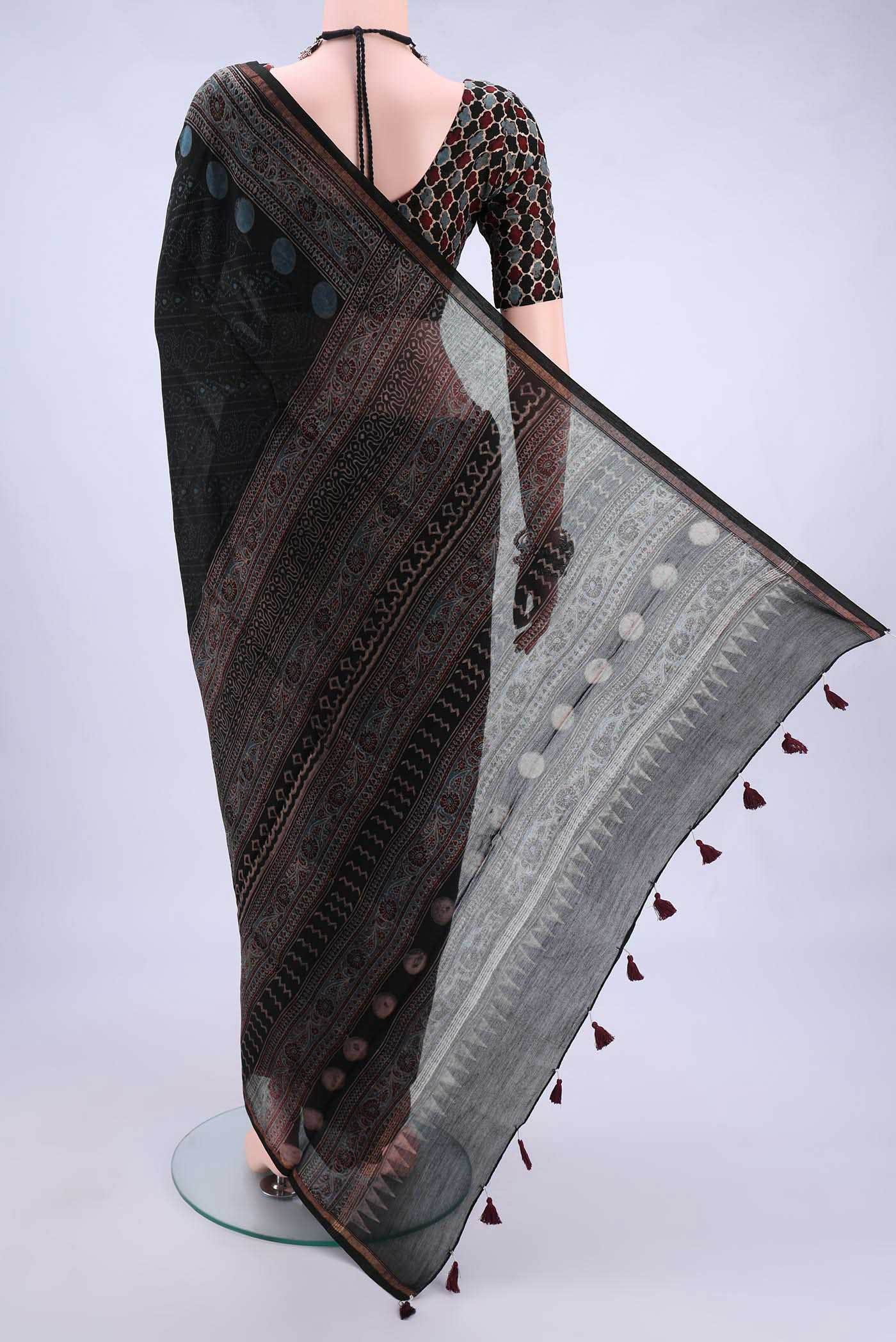 Black Chanderi Silk Cotton Saree - Image 2