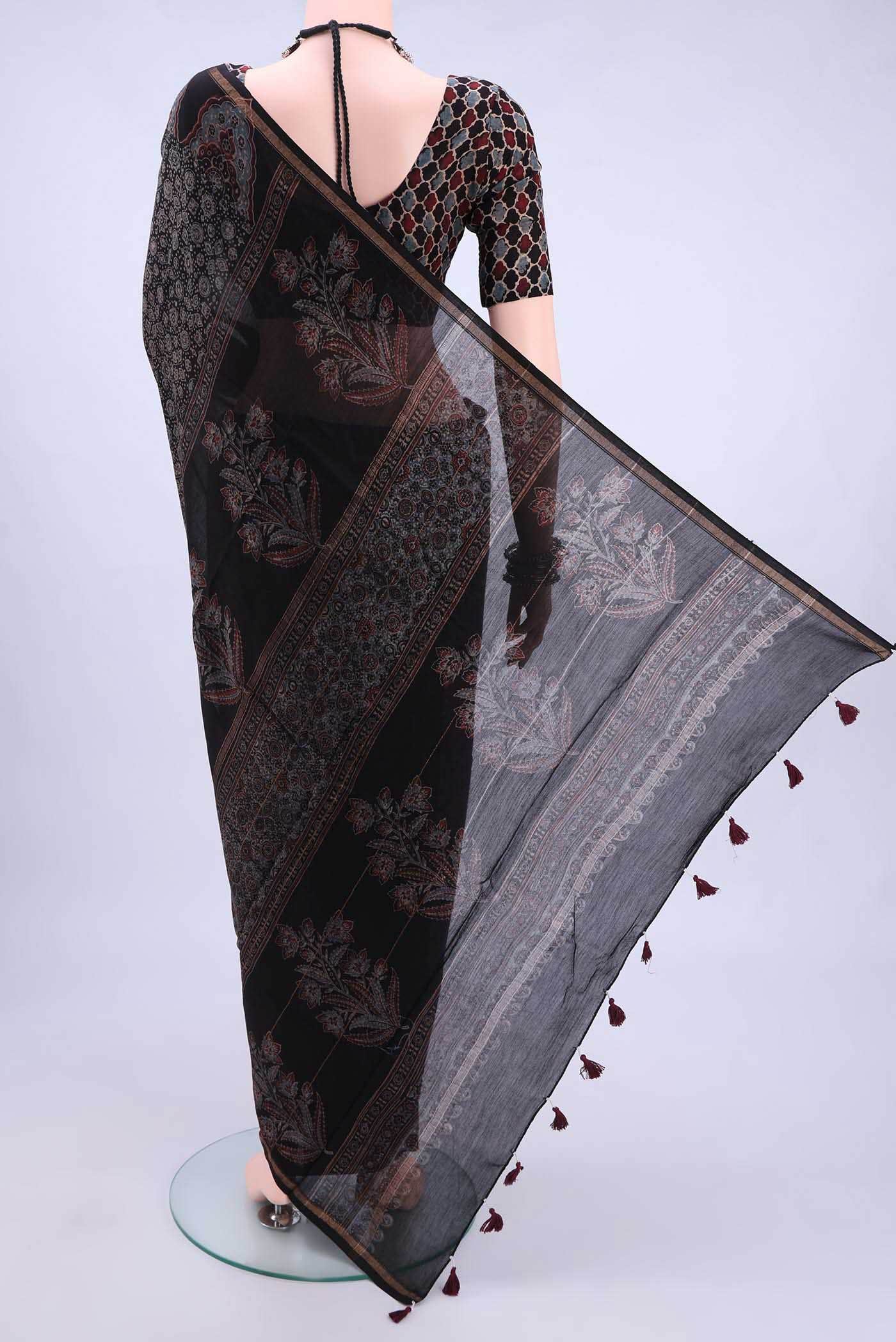 Black Chanderi Silk Cotton Saree - Image 2