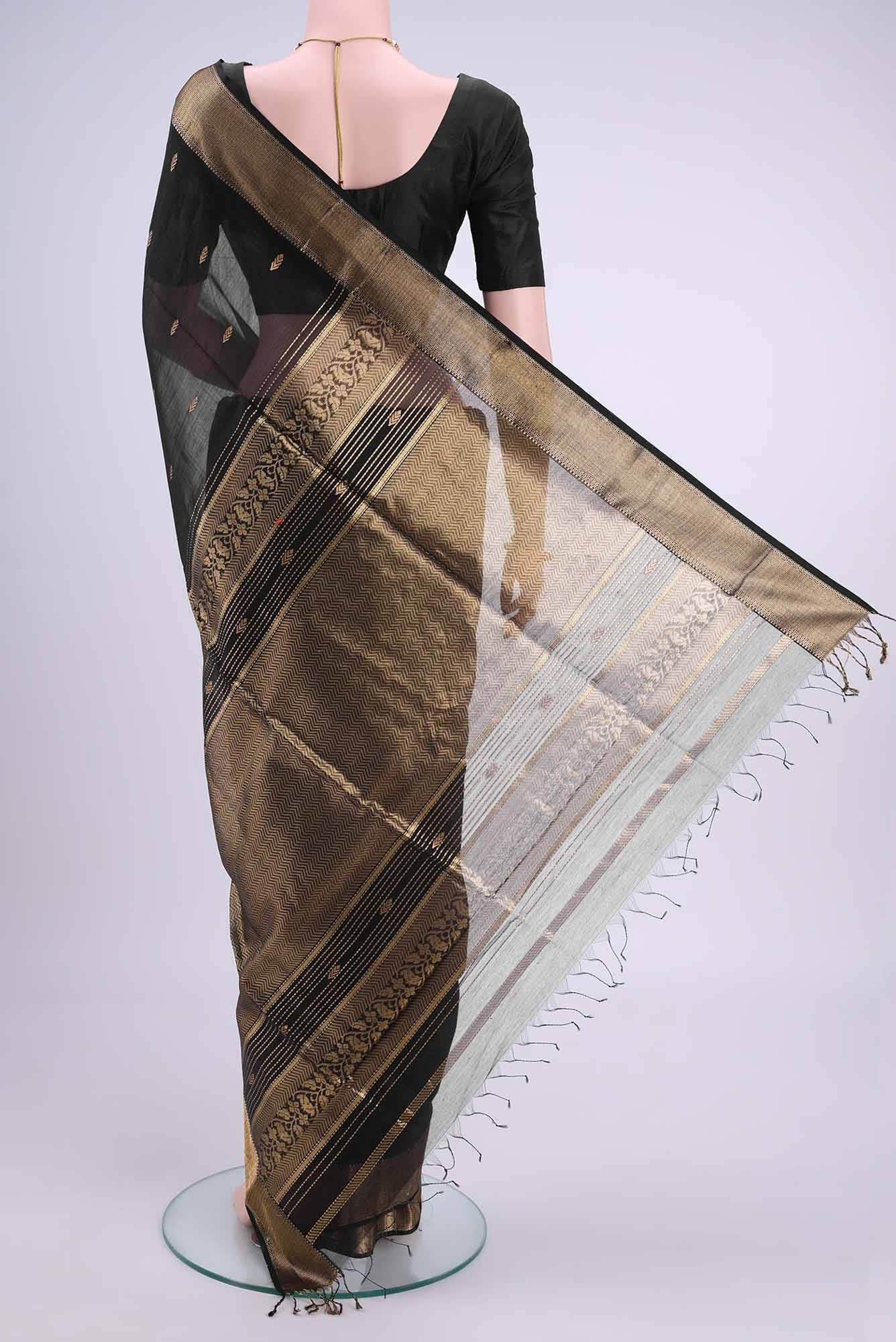 Black Dual Tone Maheshwari Silk Cotton Saree - Image 2
