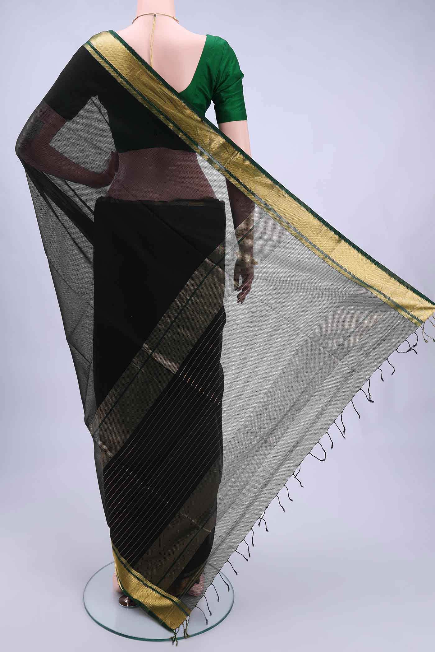 Black Maheshwari Silk Cotton Saree - Image 2