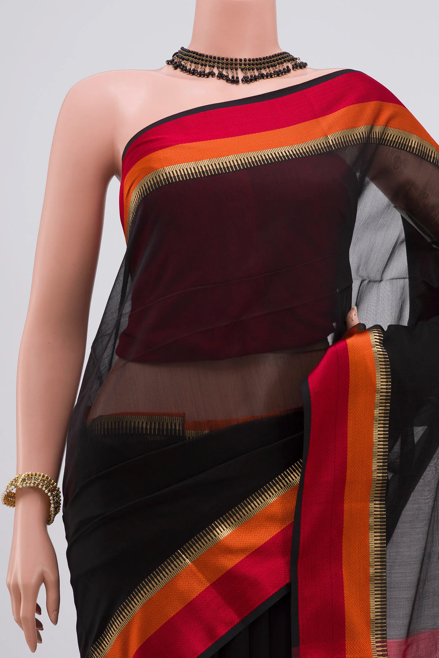 Black Maheshwari Silk Cotton Saree - Image 2