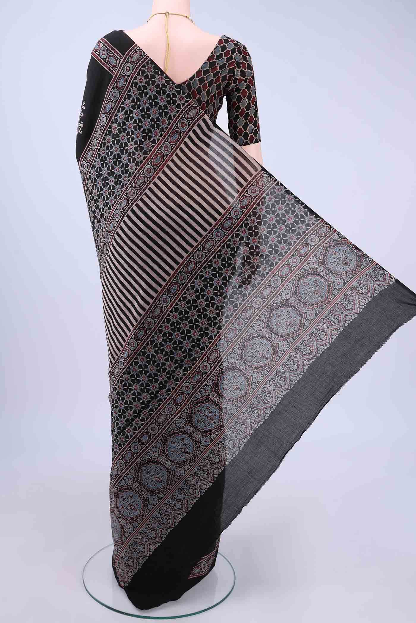 Black Printed Cotton Saree - Image 2
