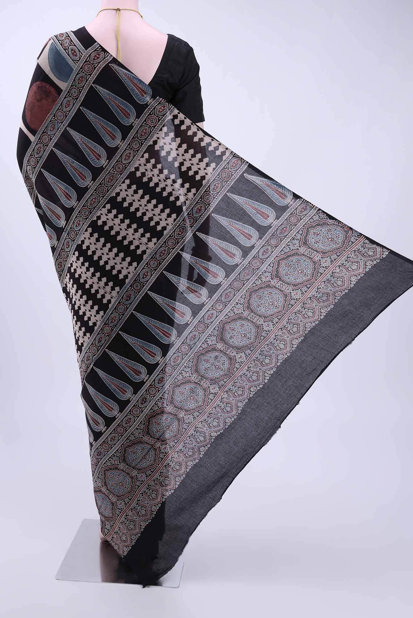 Black Printed Cotton Saree - Image 2