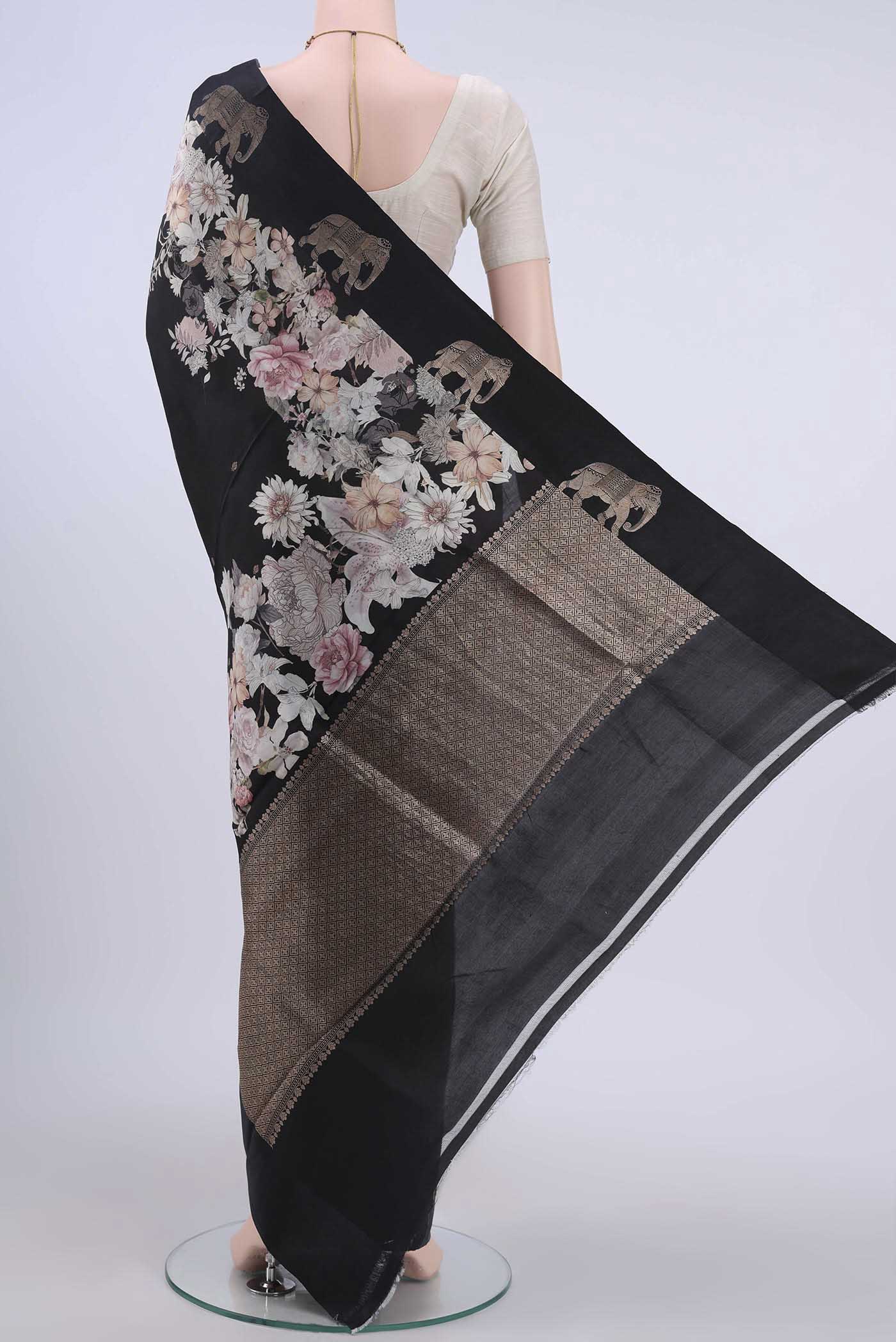 Black Printed Silk Saree - Image 3