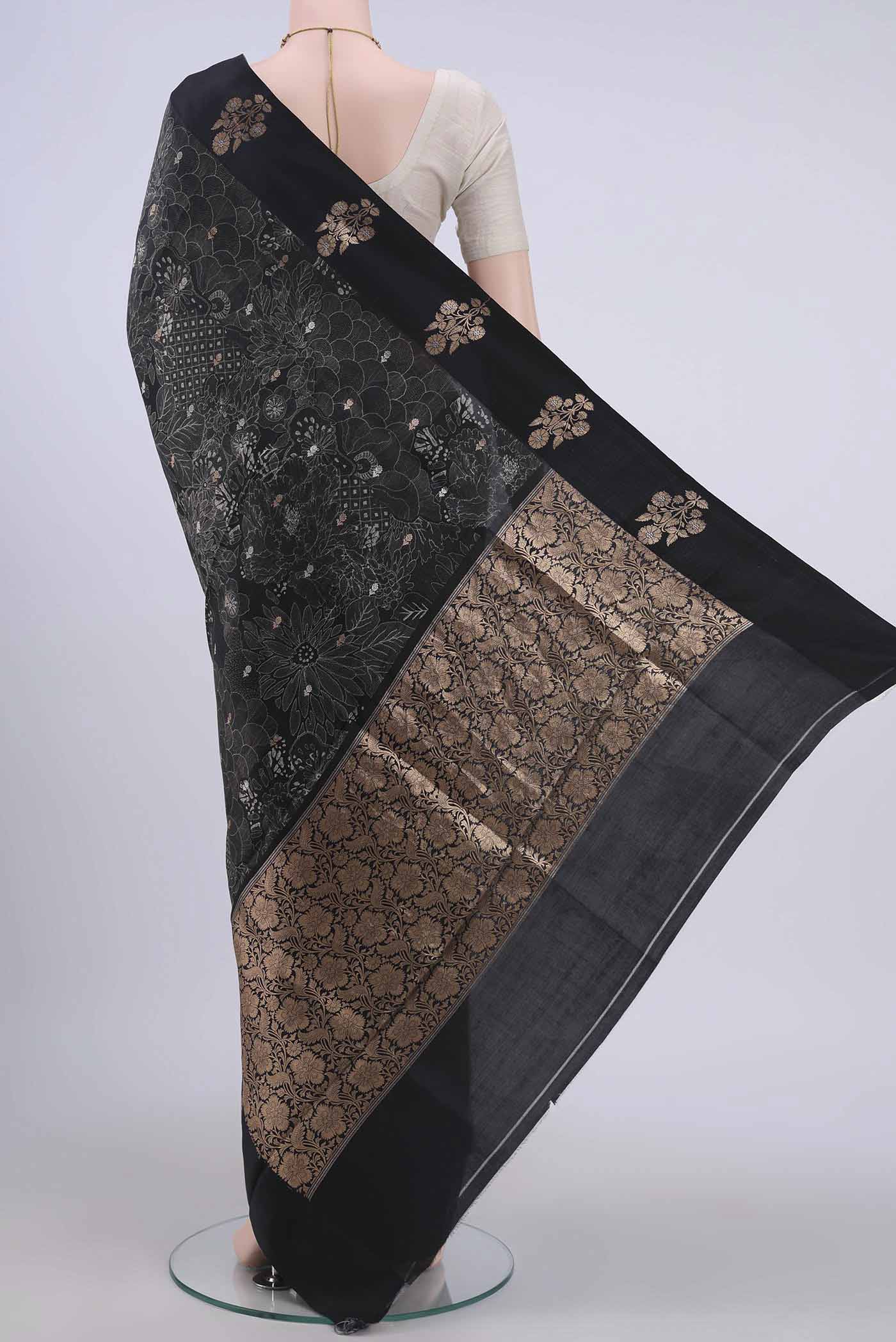 Black Printed Silk Saree - Image 3