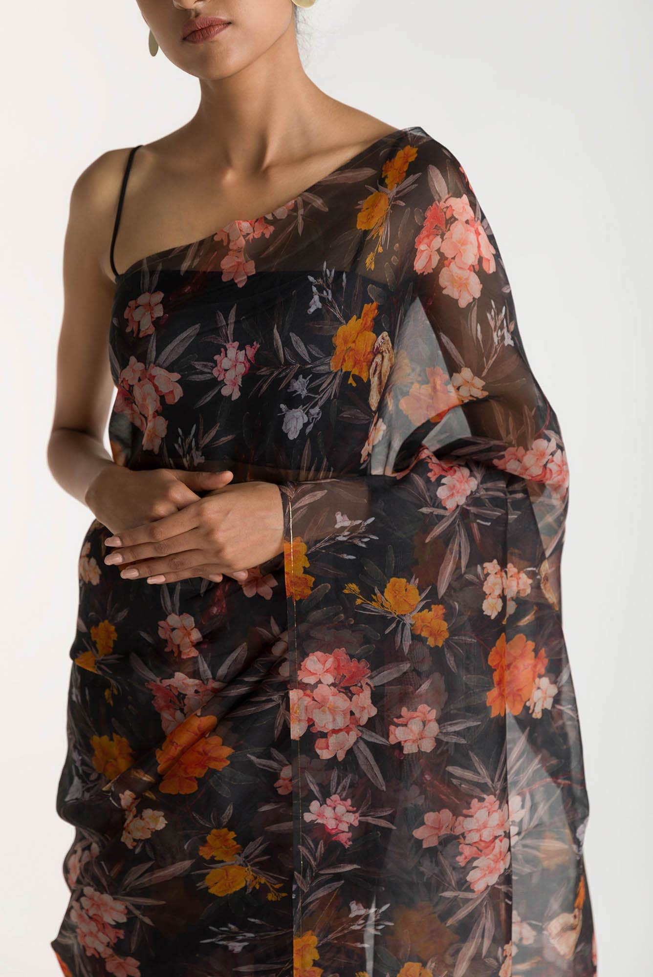Tropical Parrots Black Pure Organza Silk Saree - Image 2
