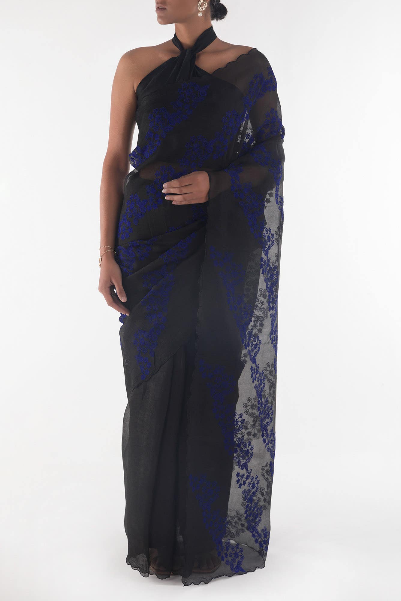 Bella Black floral design saree from Embroidered Romance Collection by Nalli - Image 2