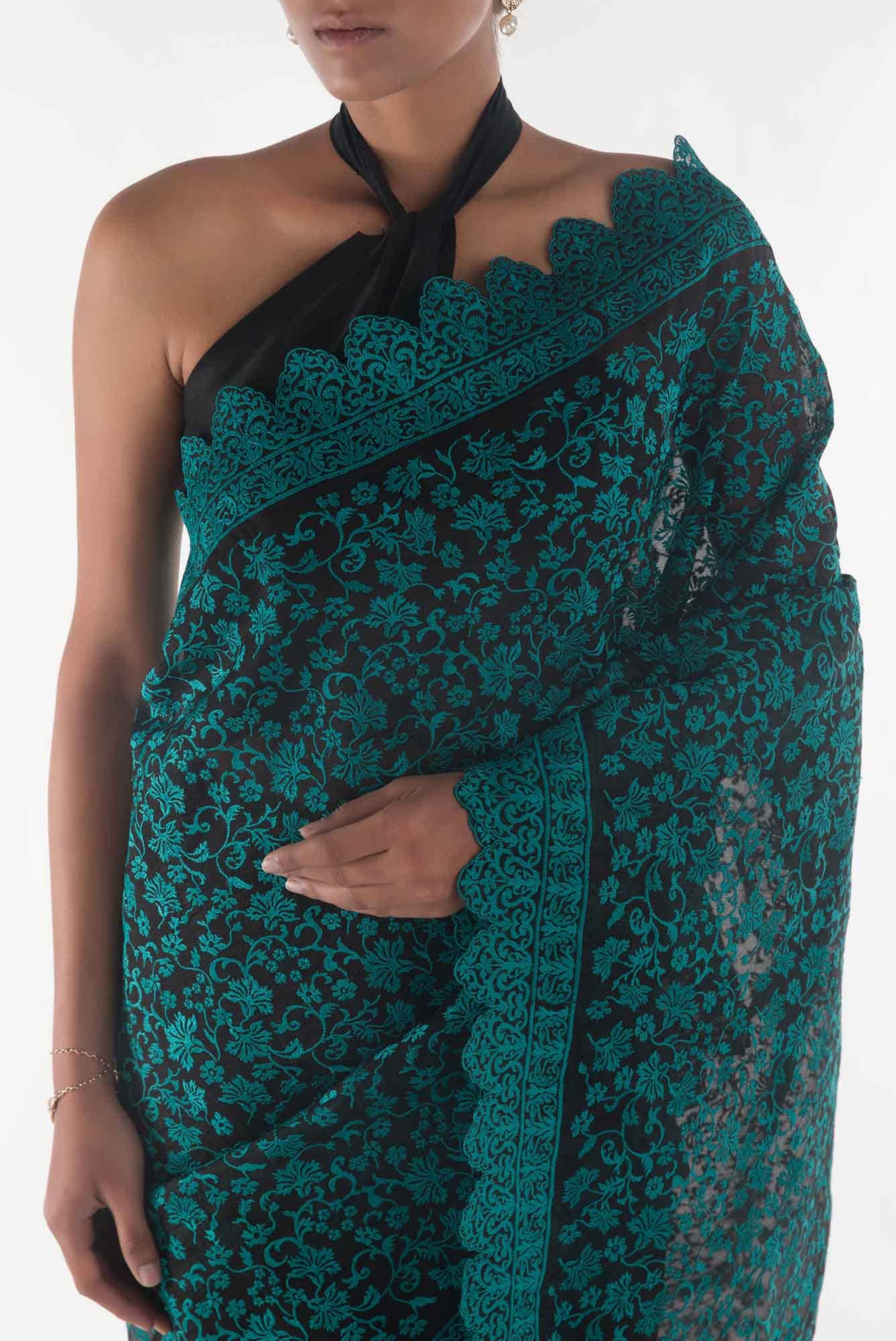 Iris waltz Black floral design saree from Embroidered Romance Collection by Nalli - Image 2