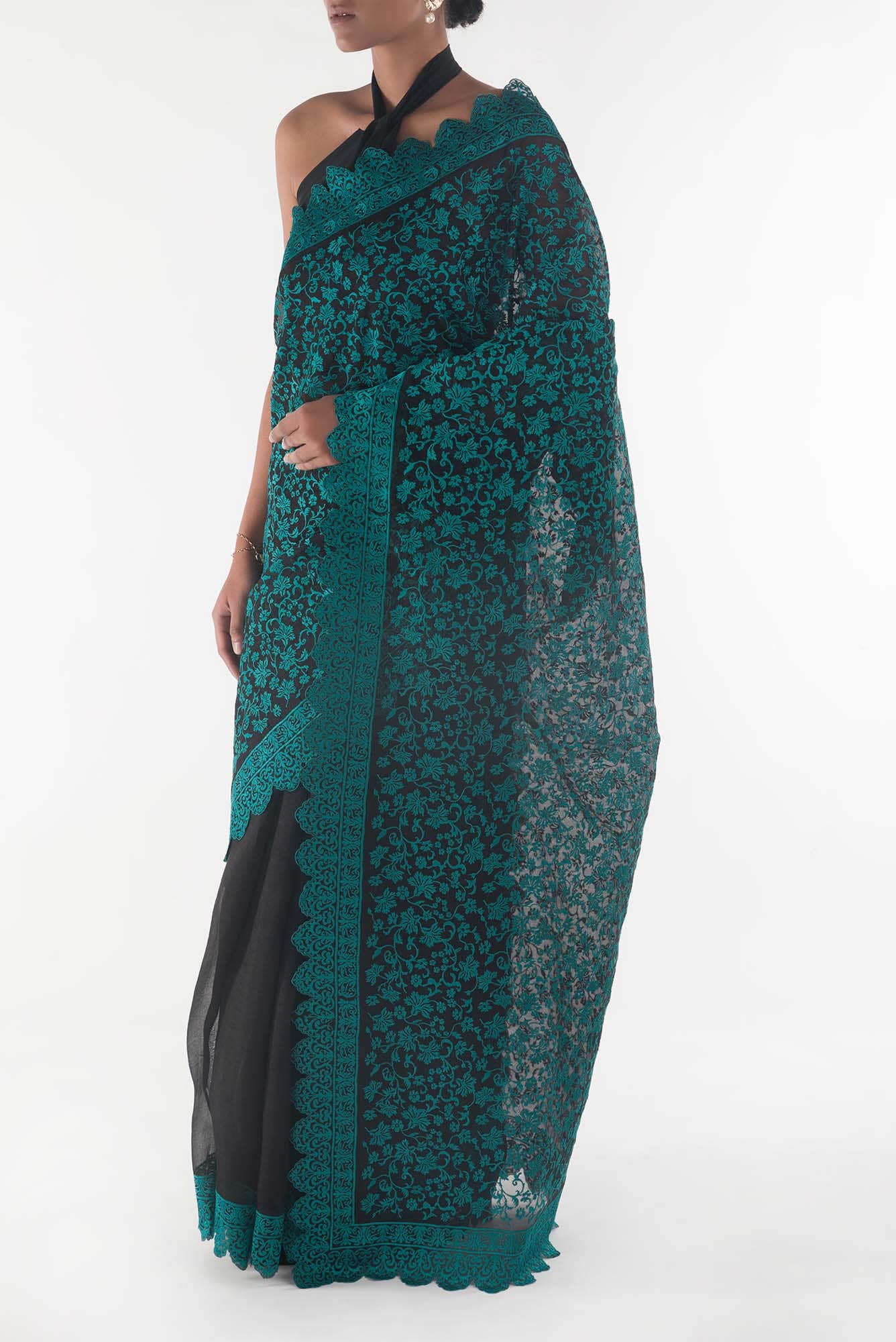 Iris waltz Black floral design saree from Embroidered Romance Collection by Nalli - Image 3