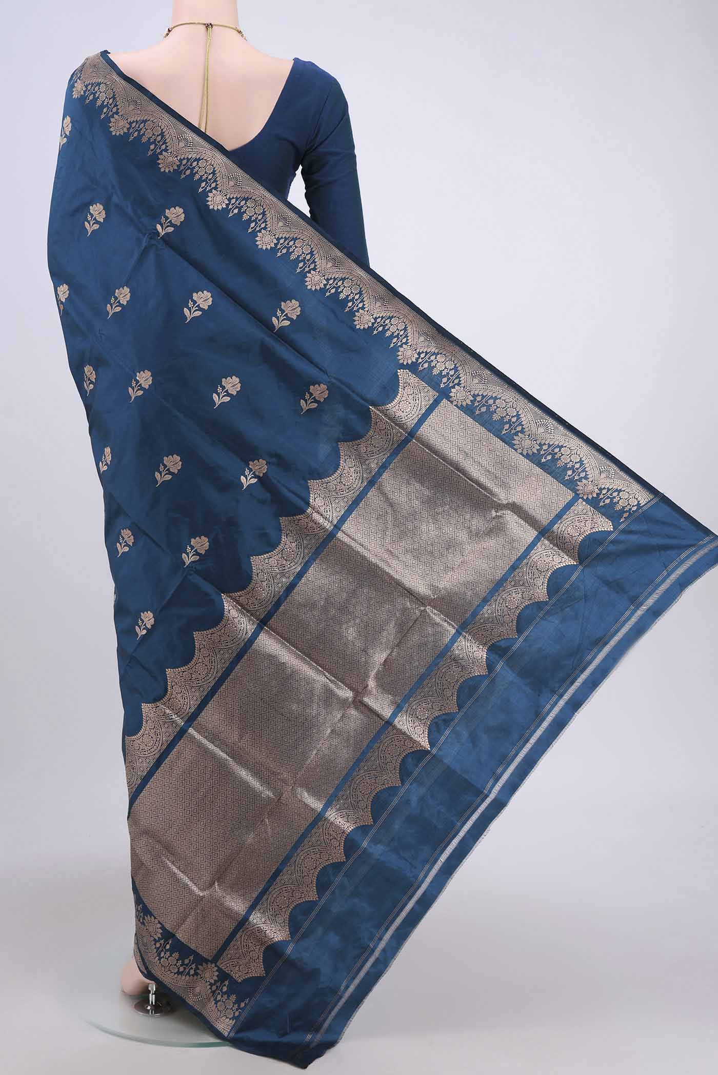 Blue Banarasi Katan Silk Saree - Image 3