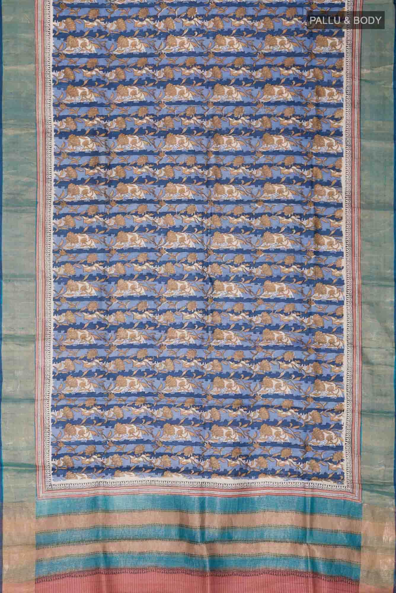 Blue Bhagalpuri Tussar Silk Saree - Image 3