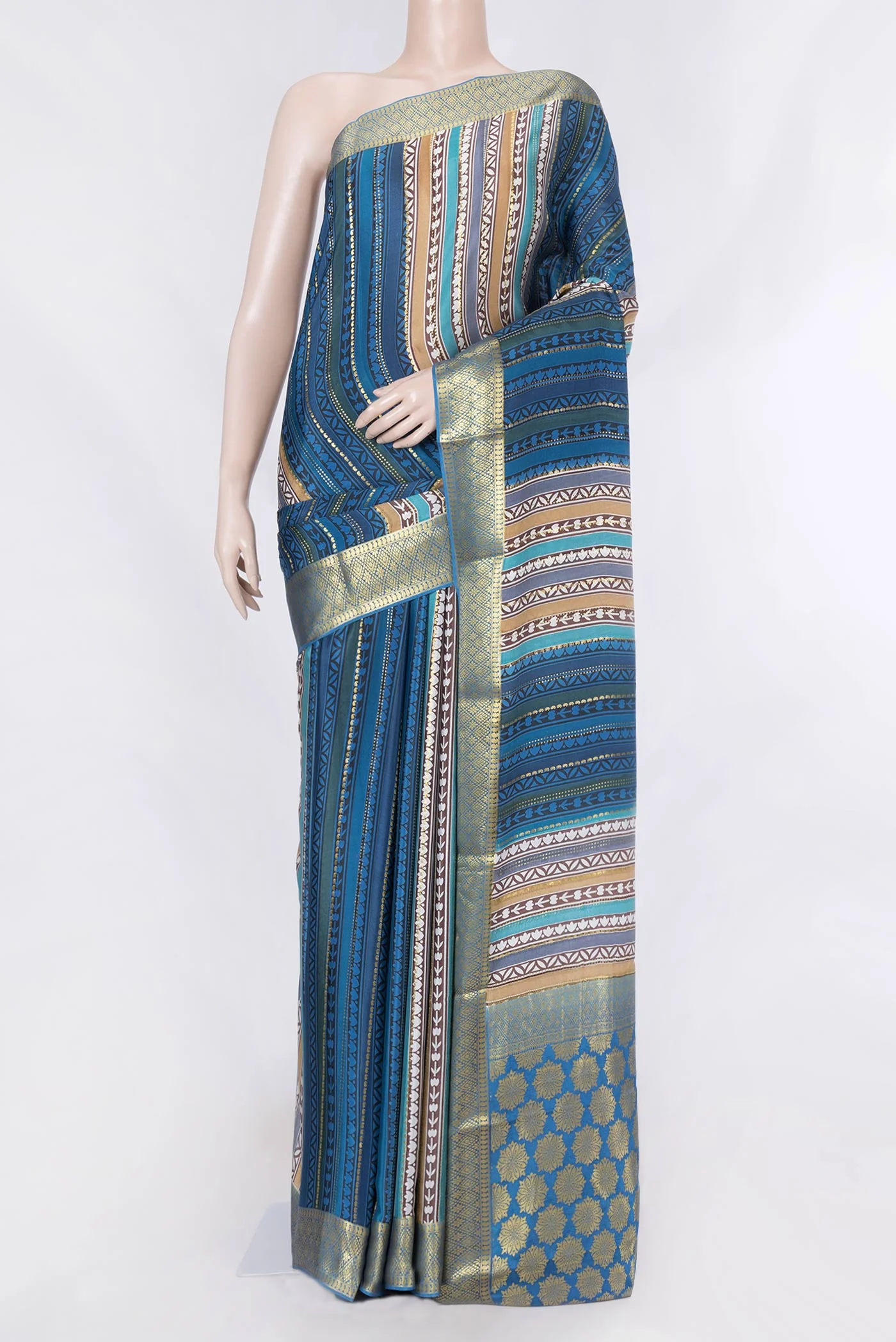 Blue , Brown and Grey Color Mysore Crepe Saree